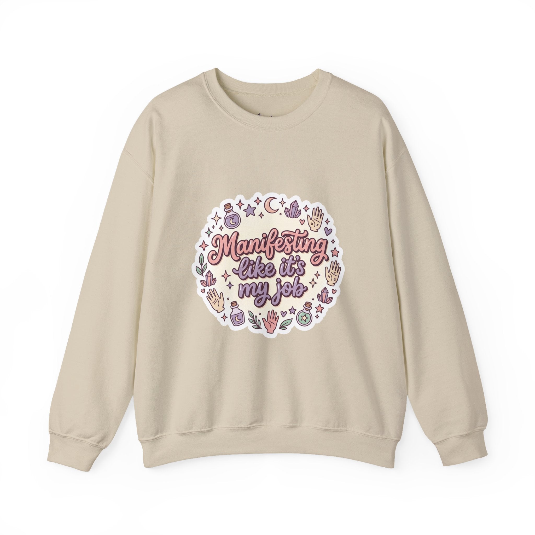 Manifesting Like It's My Job Pullover Sweatshirt — Crystals & Potions Pastel Graphic