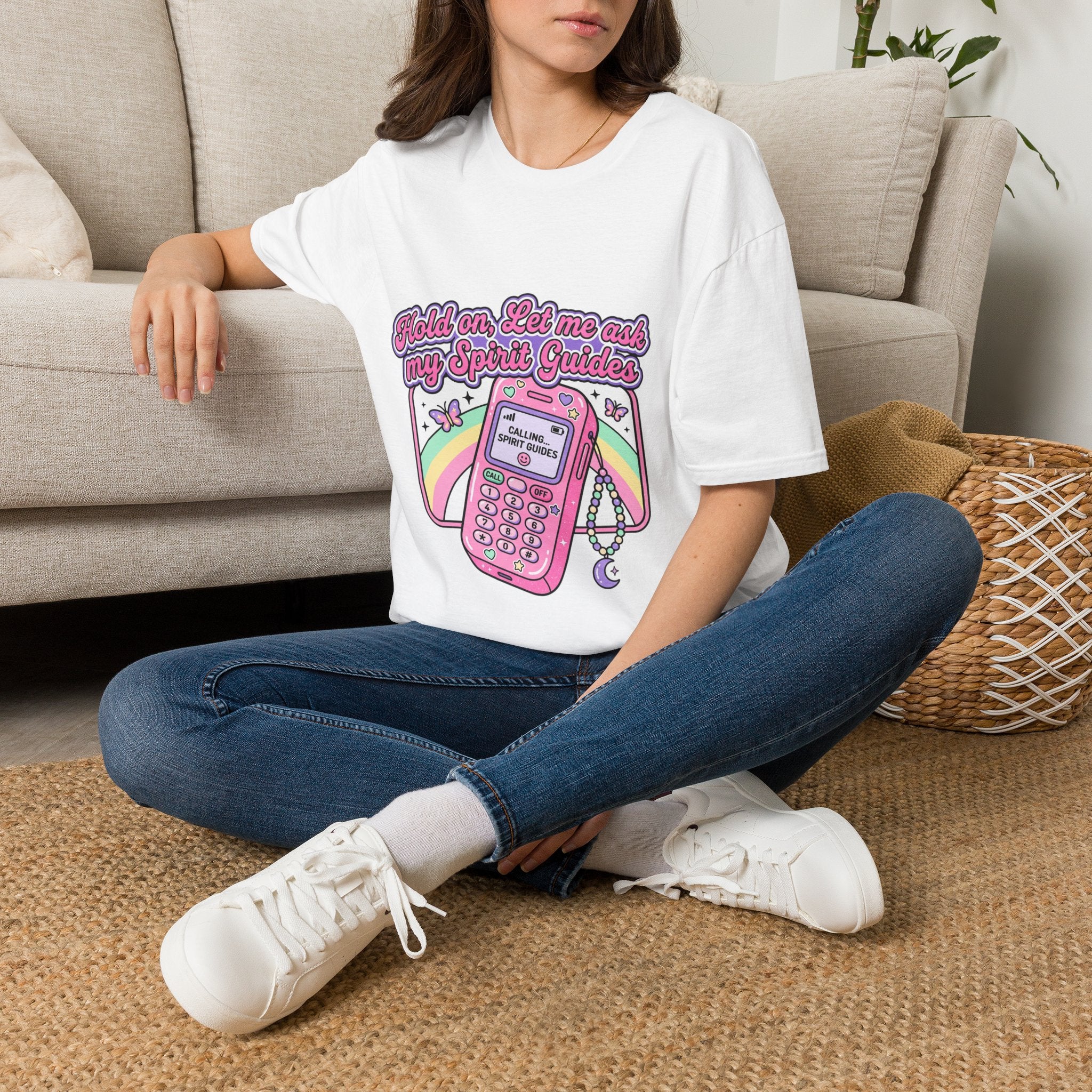 "Hold on, Let me ask my Spirit Guides" Retro Cell Phone Graphic — Unisex T‑Shirt