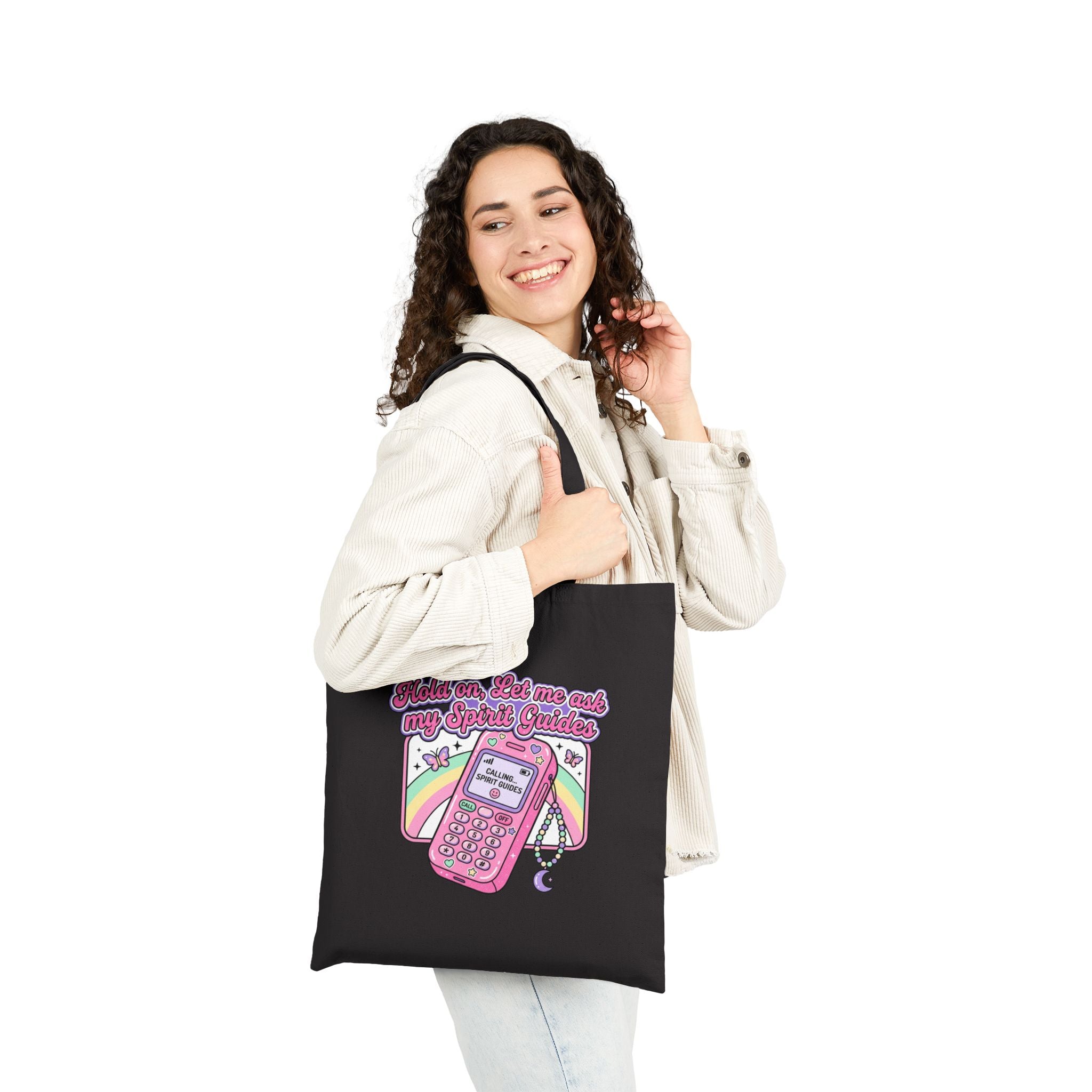 "Hold on, Let me call my Spirit Guides" Retro Cell Phone Graphic — Cotton Canvas Tote Bag