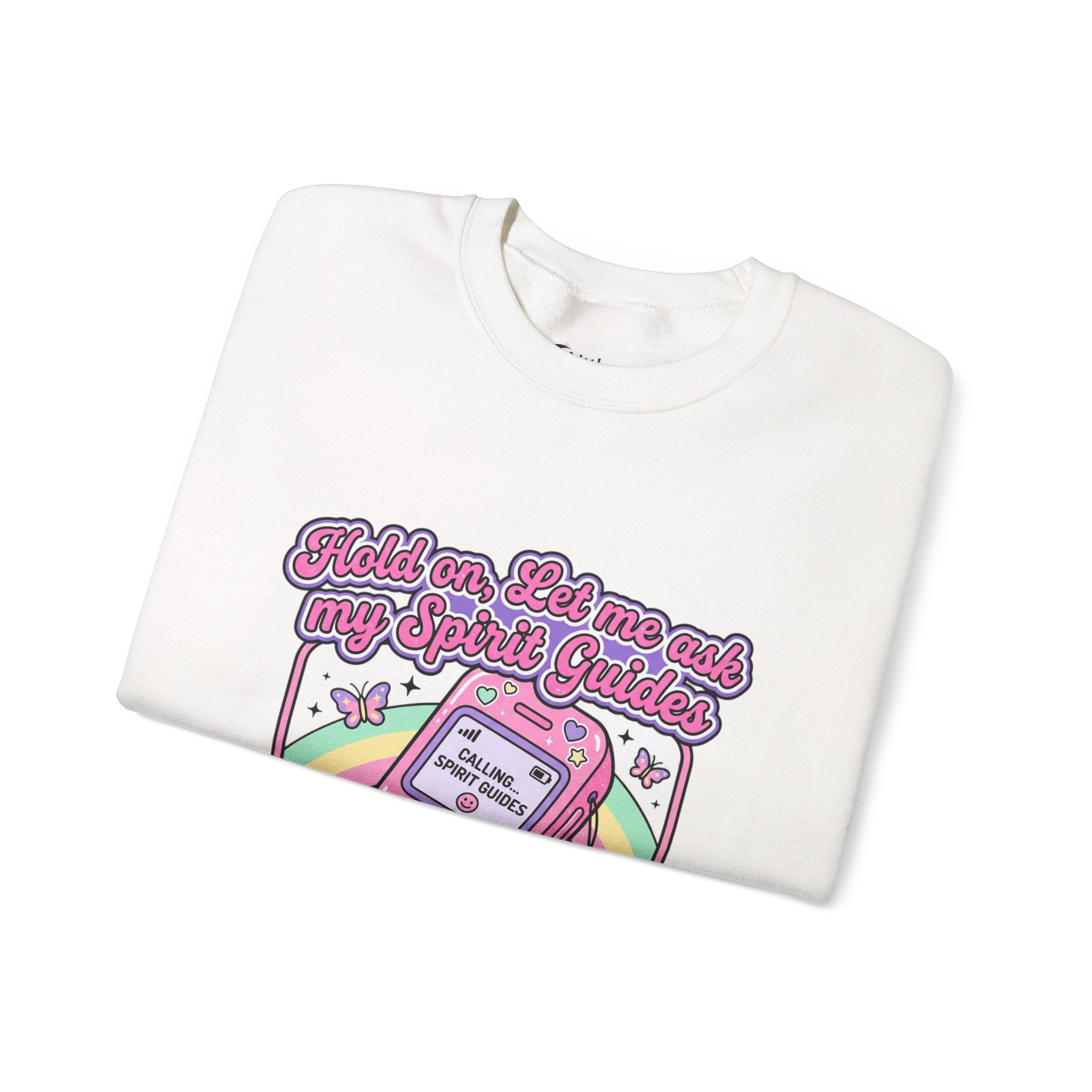 Spirit Guide Cell Phone Crewneck Sweatshirt — Cute Pink Retro Phone & Rainbow Graphic