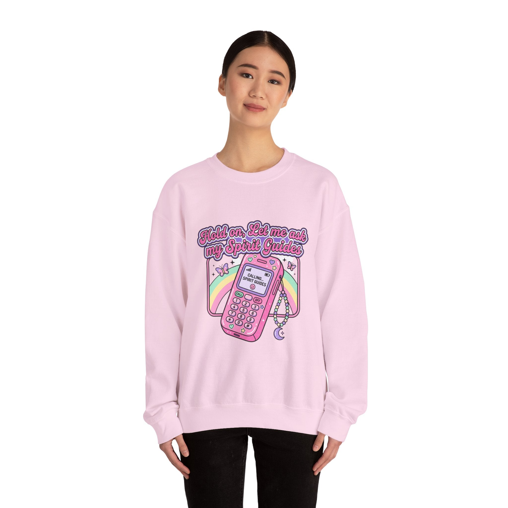 Spirit Guide Cell Phone Crewneck Sweatshirt — Cute Pink Retro Phone & Rainbow Graphic