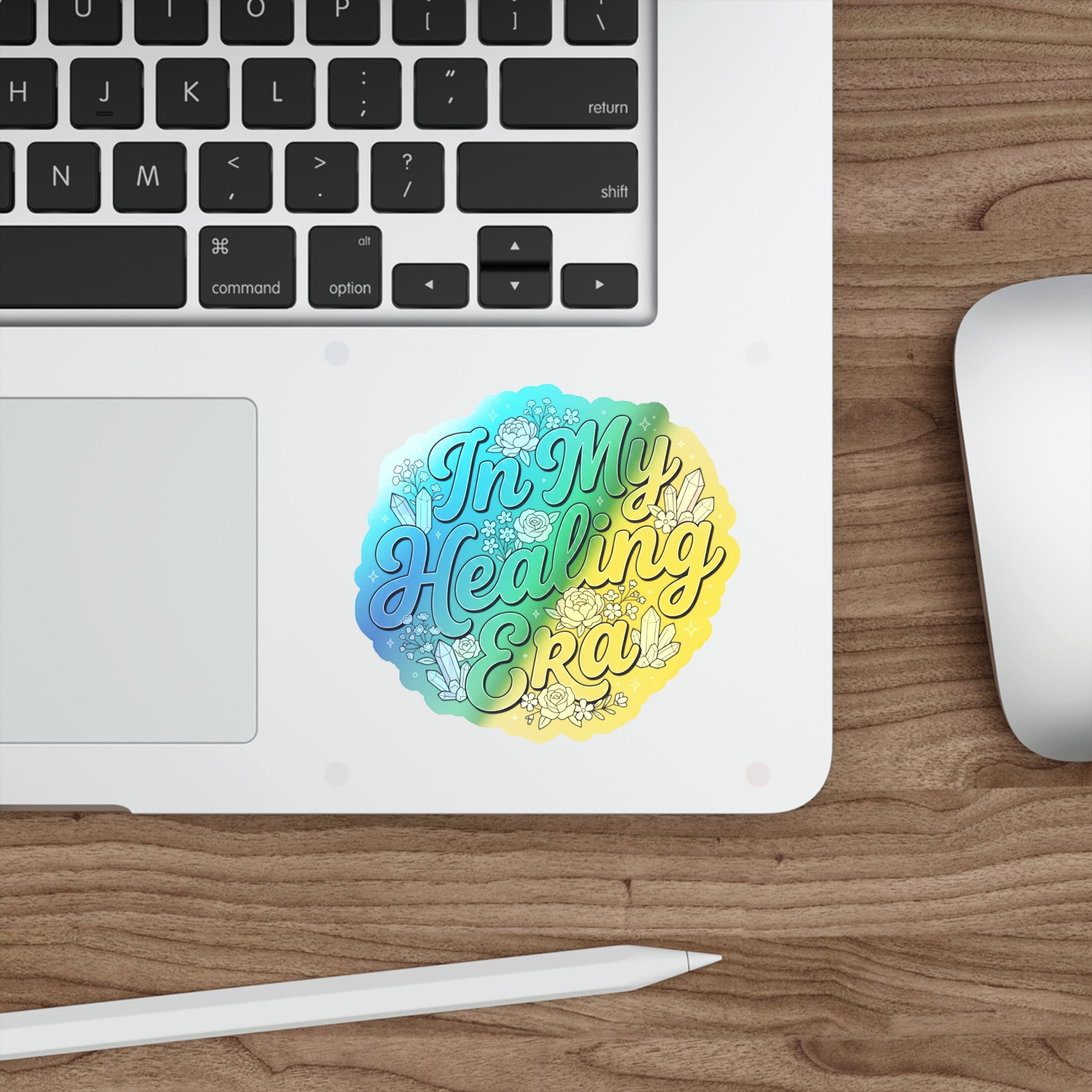 Holographic Die-Cut Sticker — "In My Healing Era" Rainbow Crystal Floral Decal