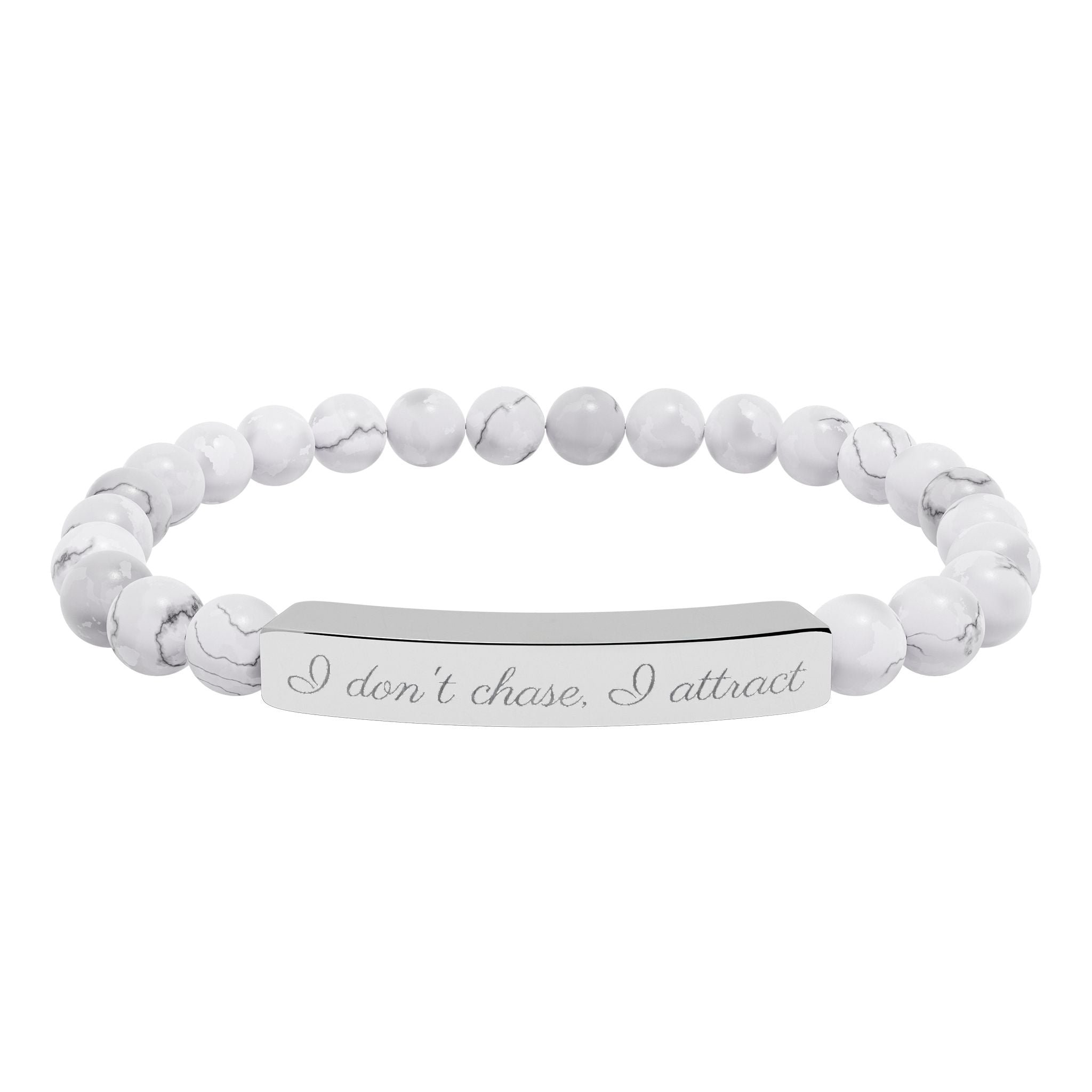 I don't Chase, I Attract  —Engraved Natural Stone Stretch Bar Affirmation Bracelet