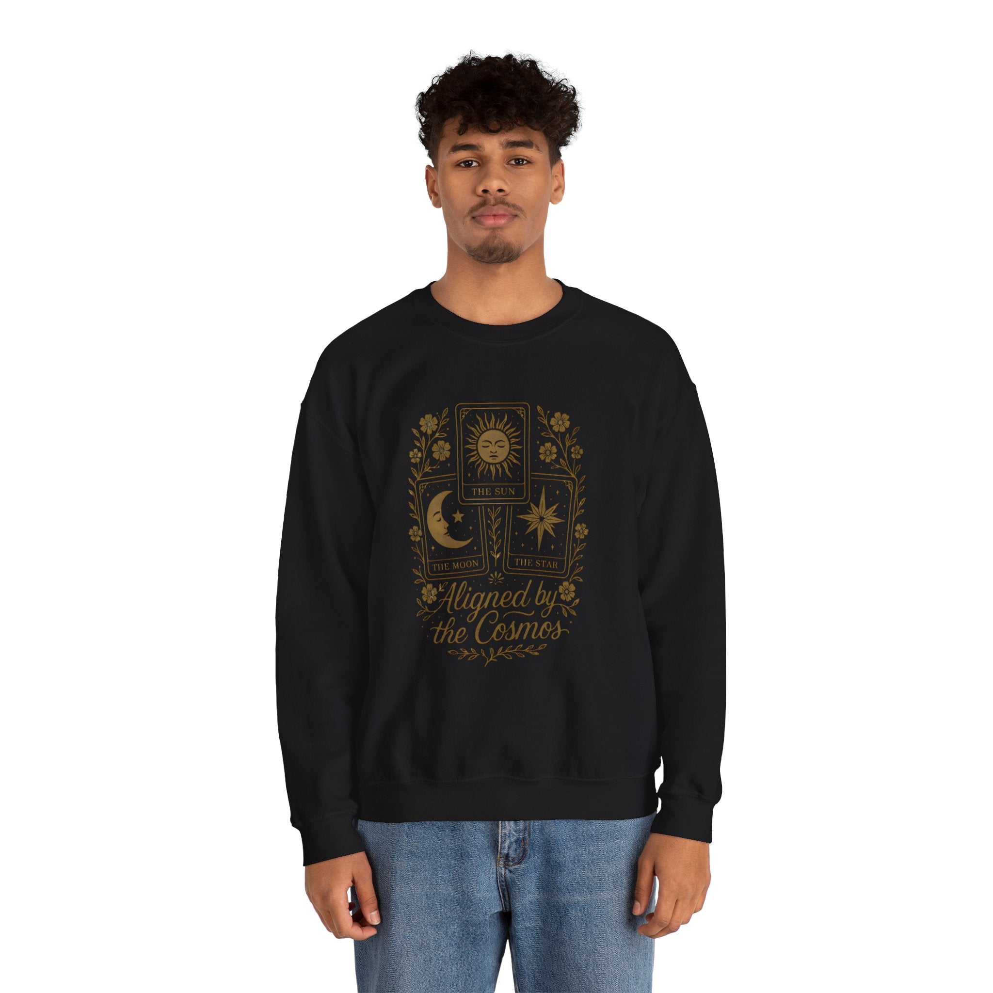 Aligned by the Cosmos Crewneck Sweatshirt — Celestial Moon & Sun Graphic