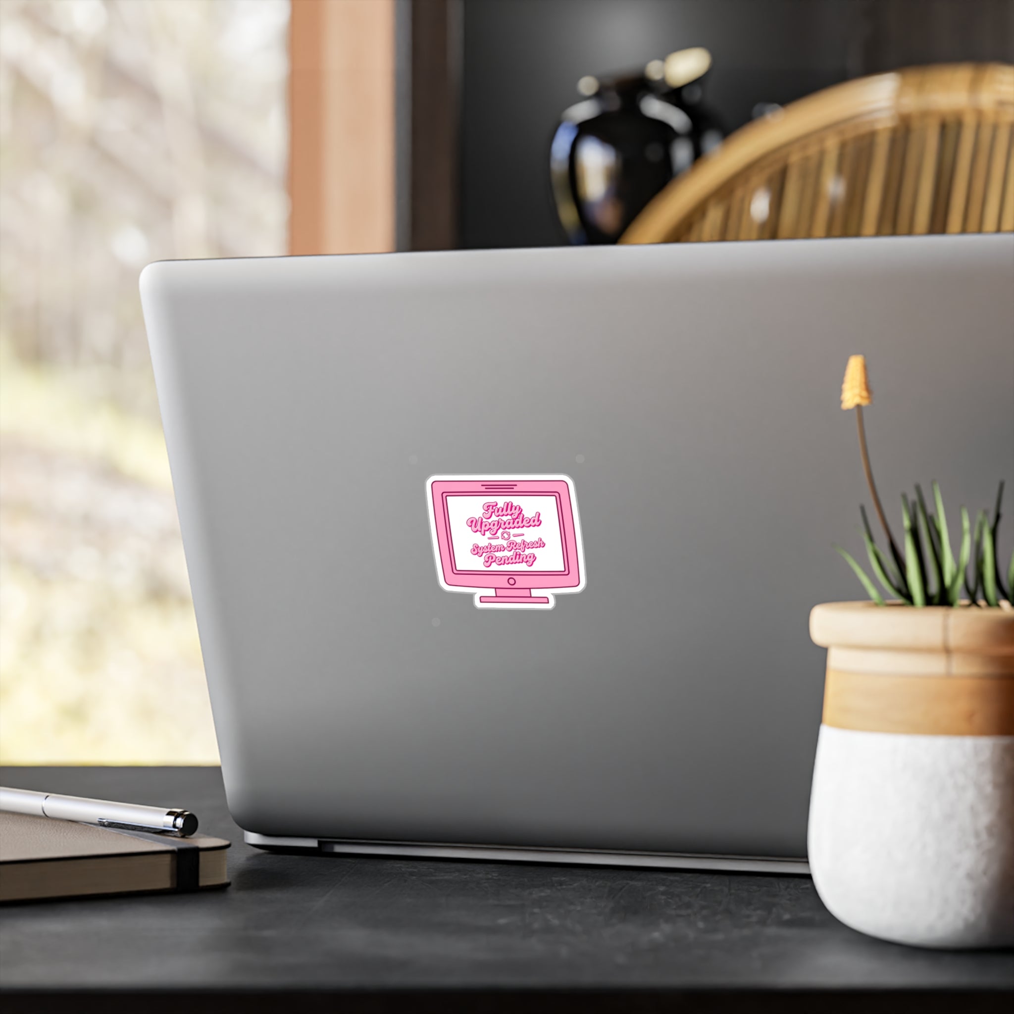 Pink Retro Computer Sticker — "Fully Upgraded & System Refresh Pending"
