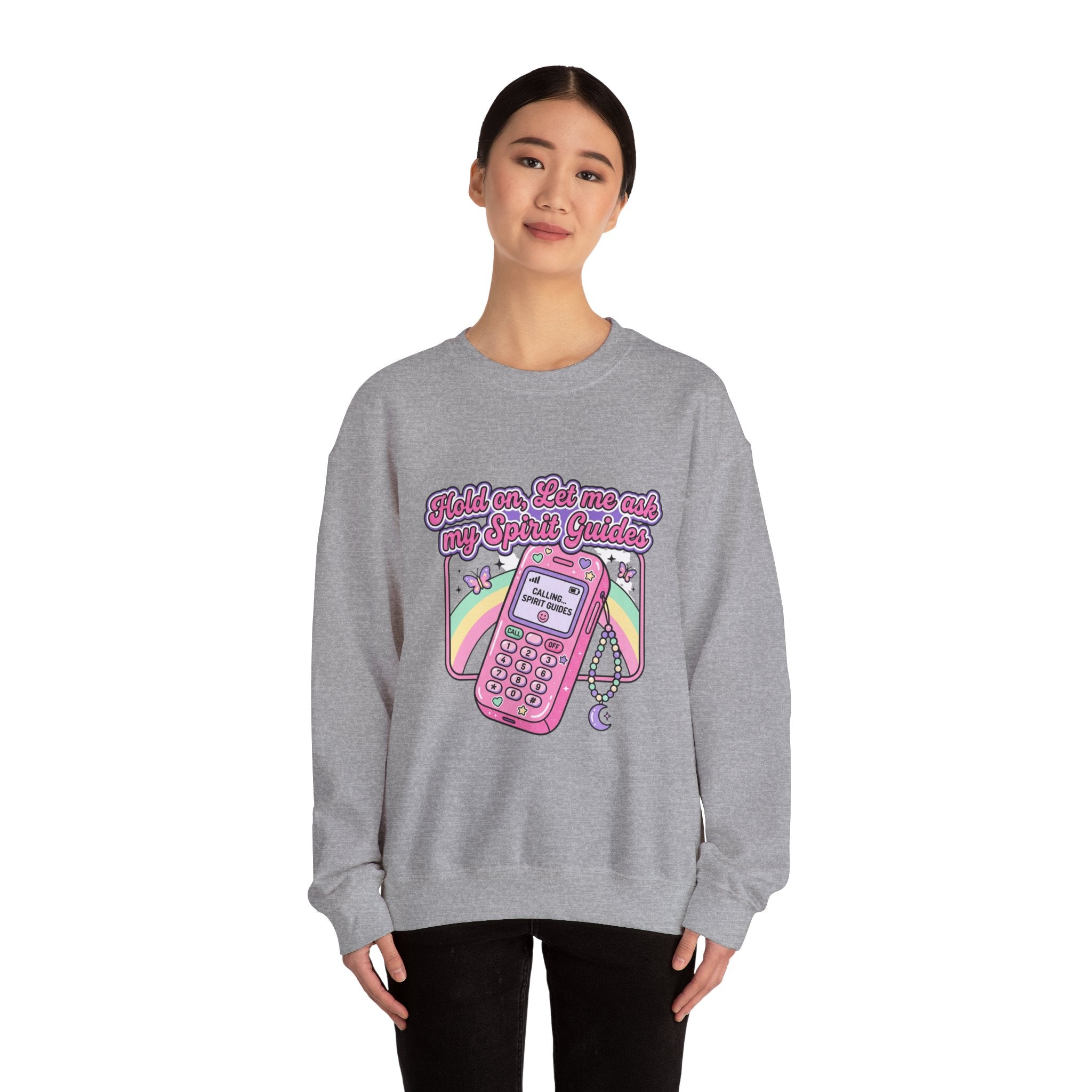 Spirit Guide Cell Phone Crewneck Sweatshirt — Cute Pink Retro Phone & Rainbow Graphic
