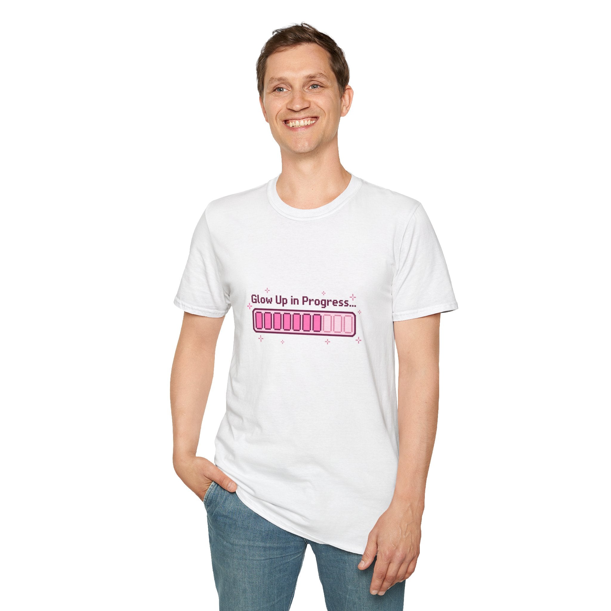 "Glow Up In Progress" Pink Loading Bar — Unisex T-Shirt