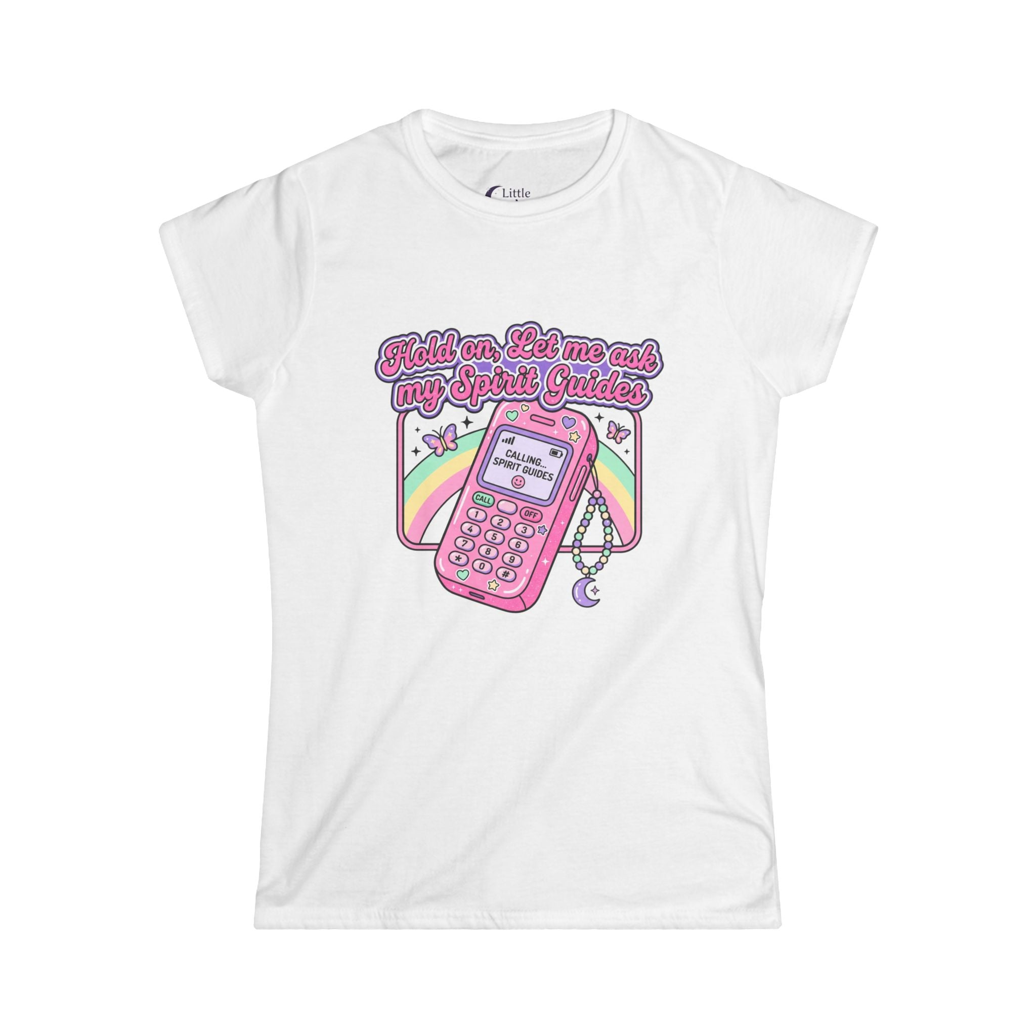"Hold on, Let me ask my Spirit Guides" Retro Cell Phone Graphic — Women's Soft Style T-Shirt