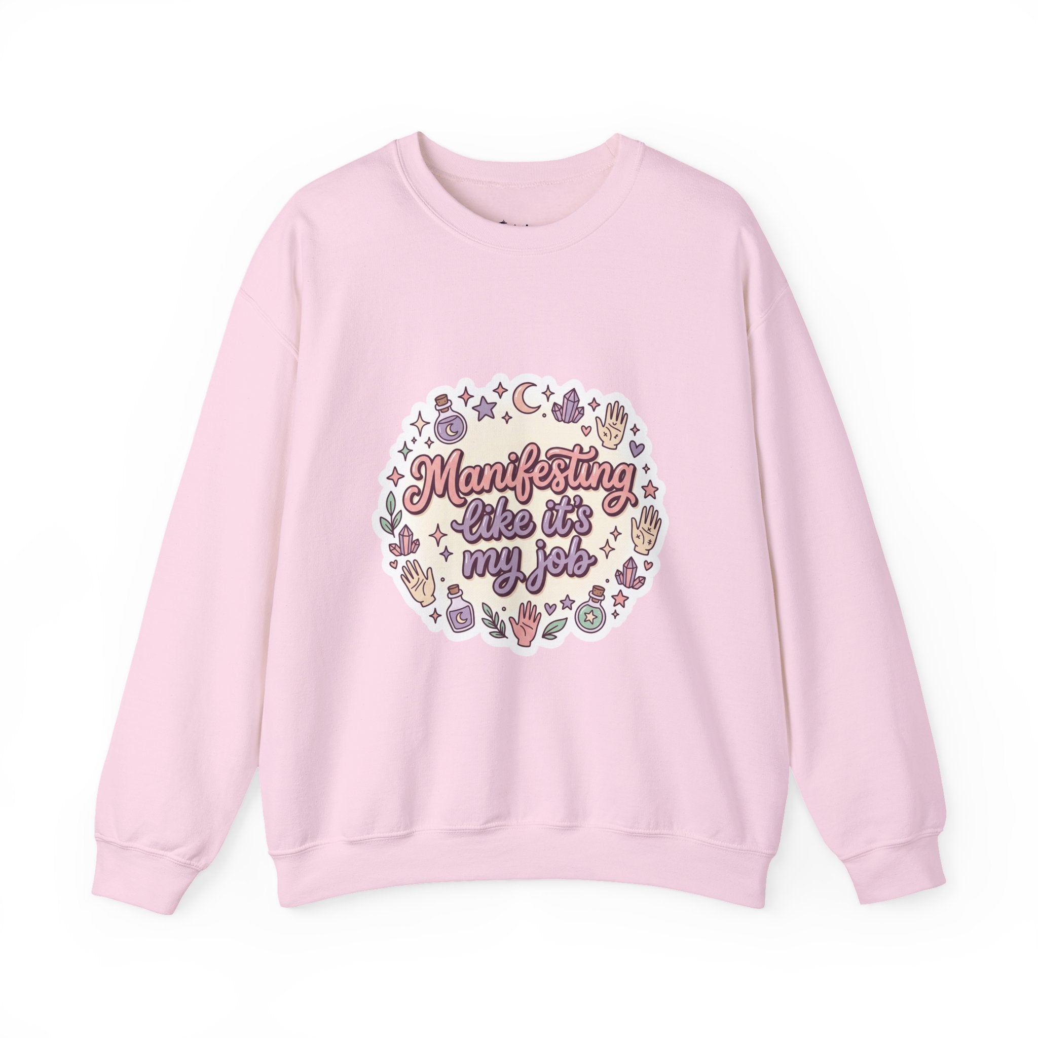 Manifesting Like It's My Job Pullover Sweatshirt — Crystals & Potions Pastel Graphic