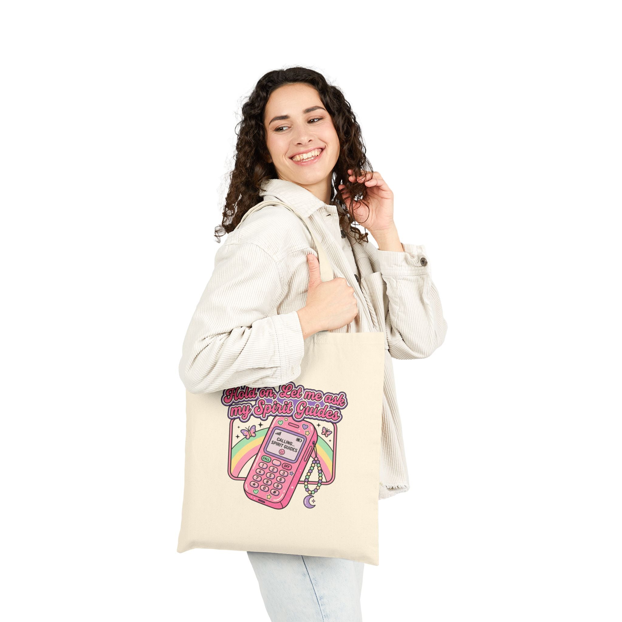 "Hold on, Let me call my Spirit Guides" Retro Cell Phone Graphic — Cotton Canvas Tote Bag