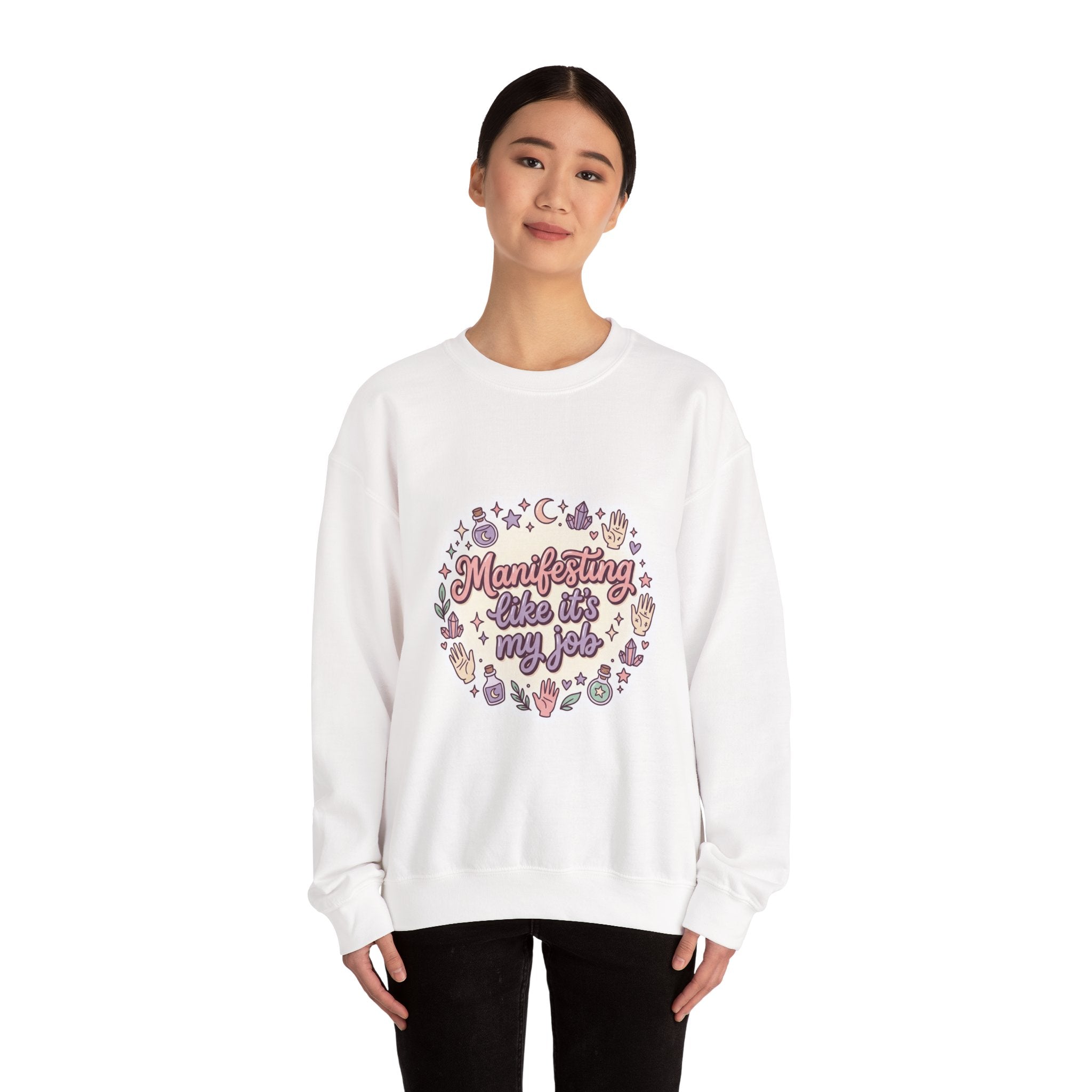 Manifesting Like It's My Job Pullover Sweatshirt — Crystals & Potions Pastel Graphic