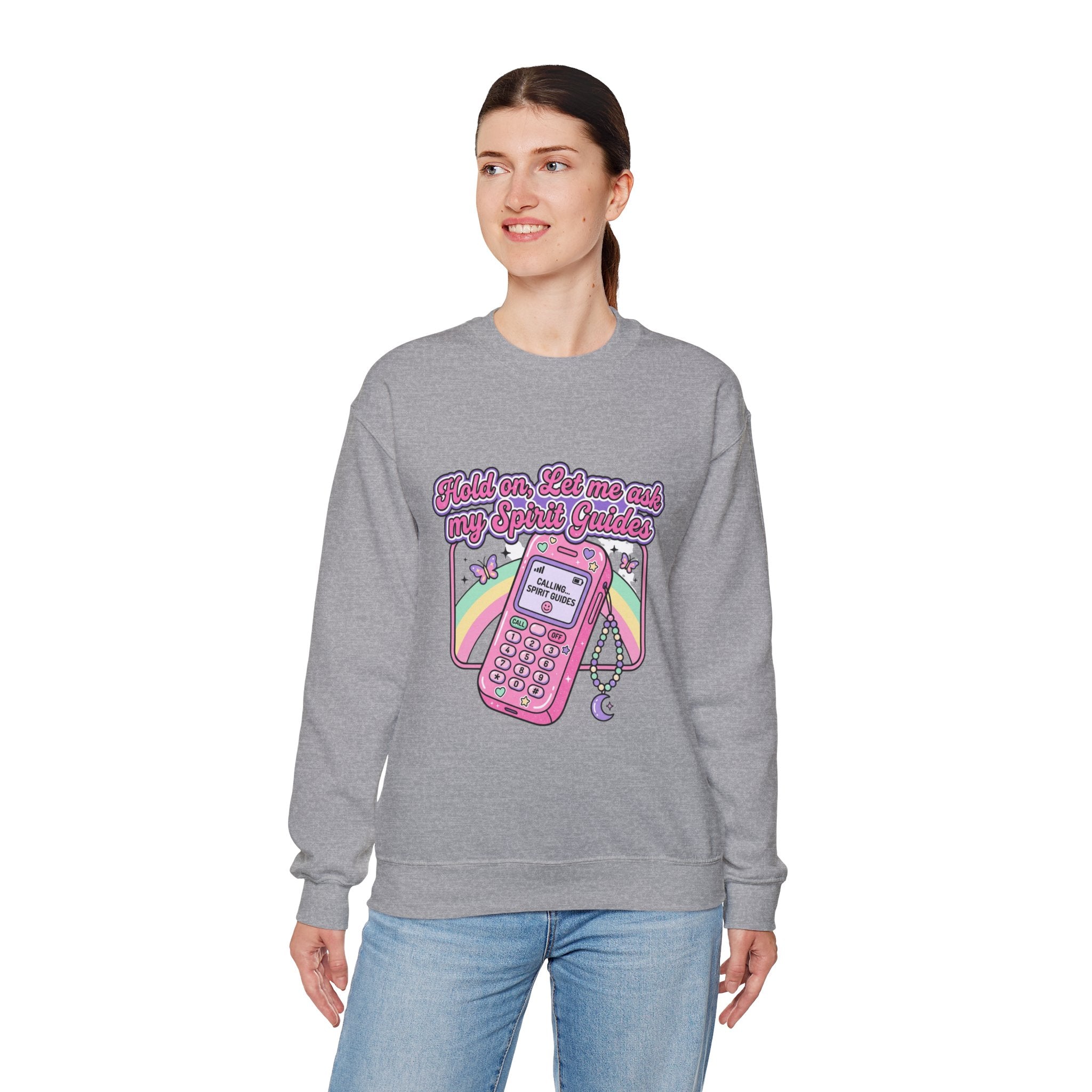 Spirit Guide Cell Phone Crewneck Sweatshirt — Cute Pink Retro Phone & Rainbow Graphic