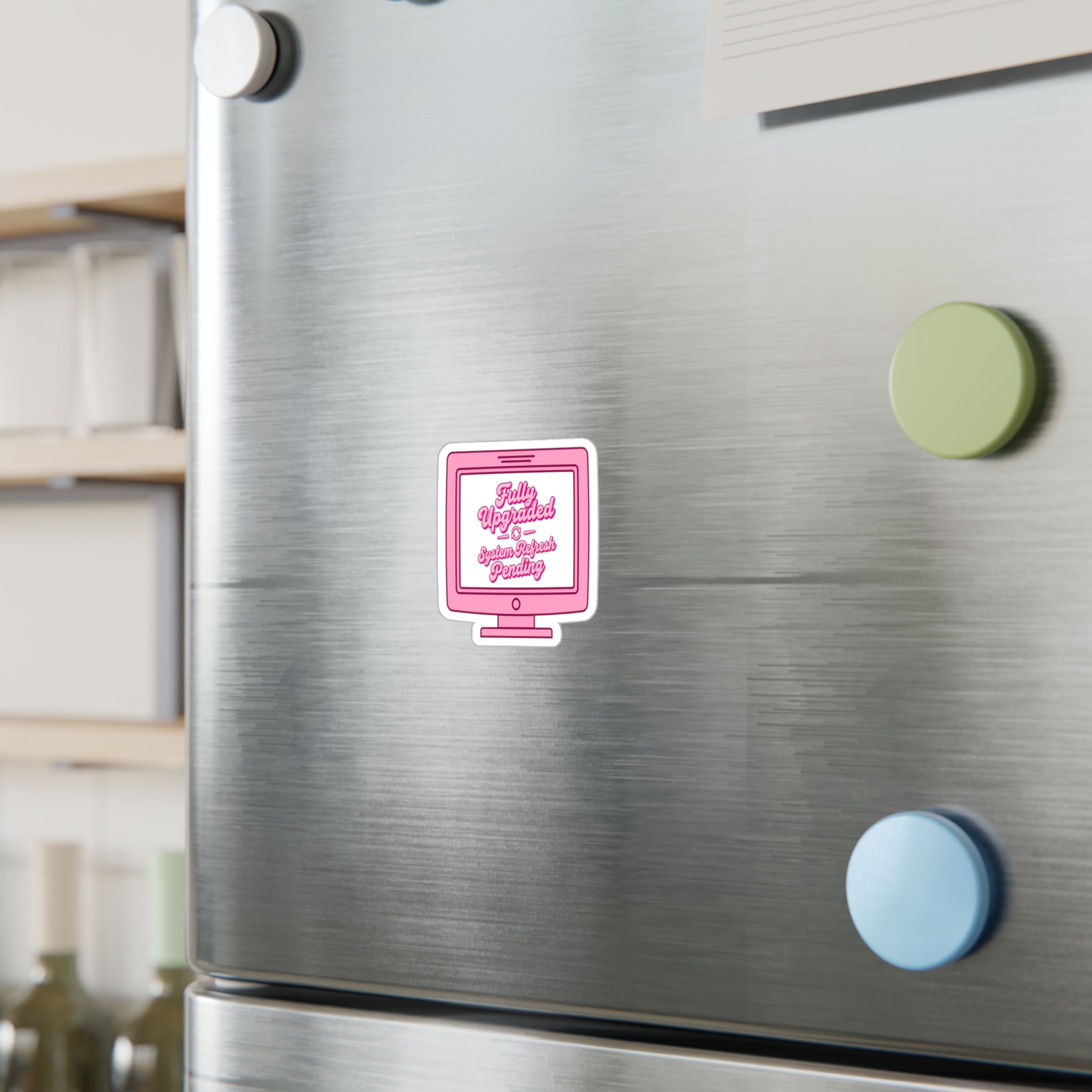 Pink Retro Computer Sticker — "Fully Upgraded & System Refresh Pending"
