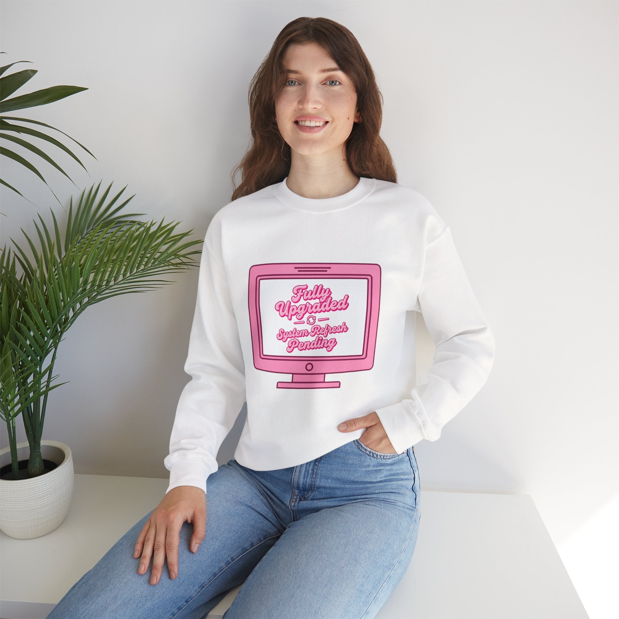 Crewneck Sweatshirt — "Fully Updated" Retro Pink Computer Graphic