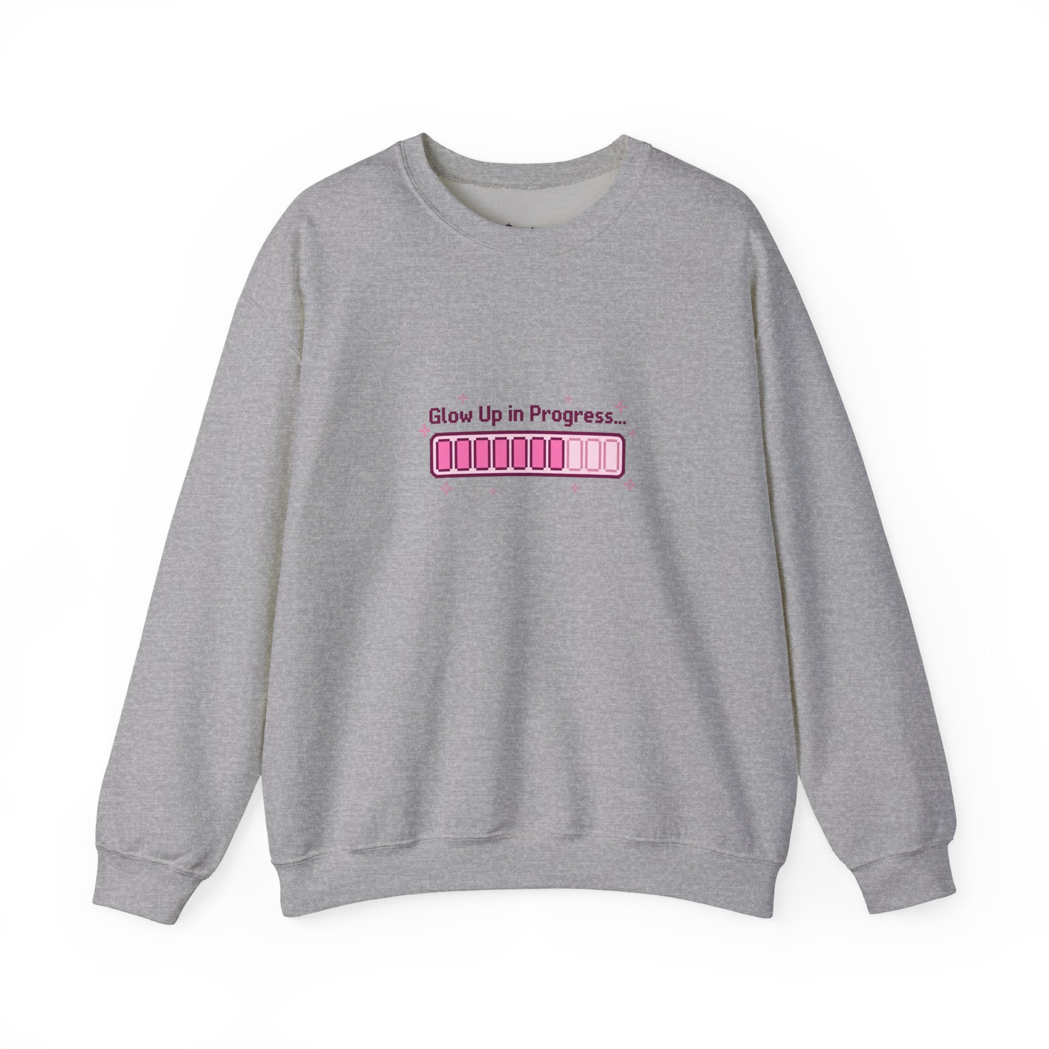 "Glow Up in Progress" Pink Loading Bar Graphic — Crewneck Sweatshirt