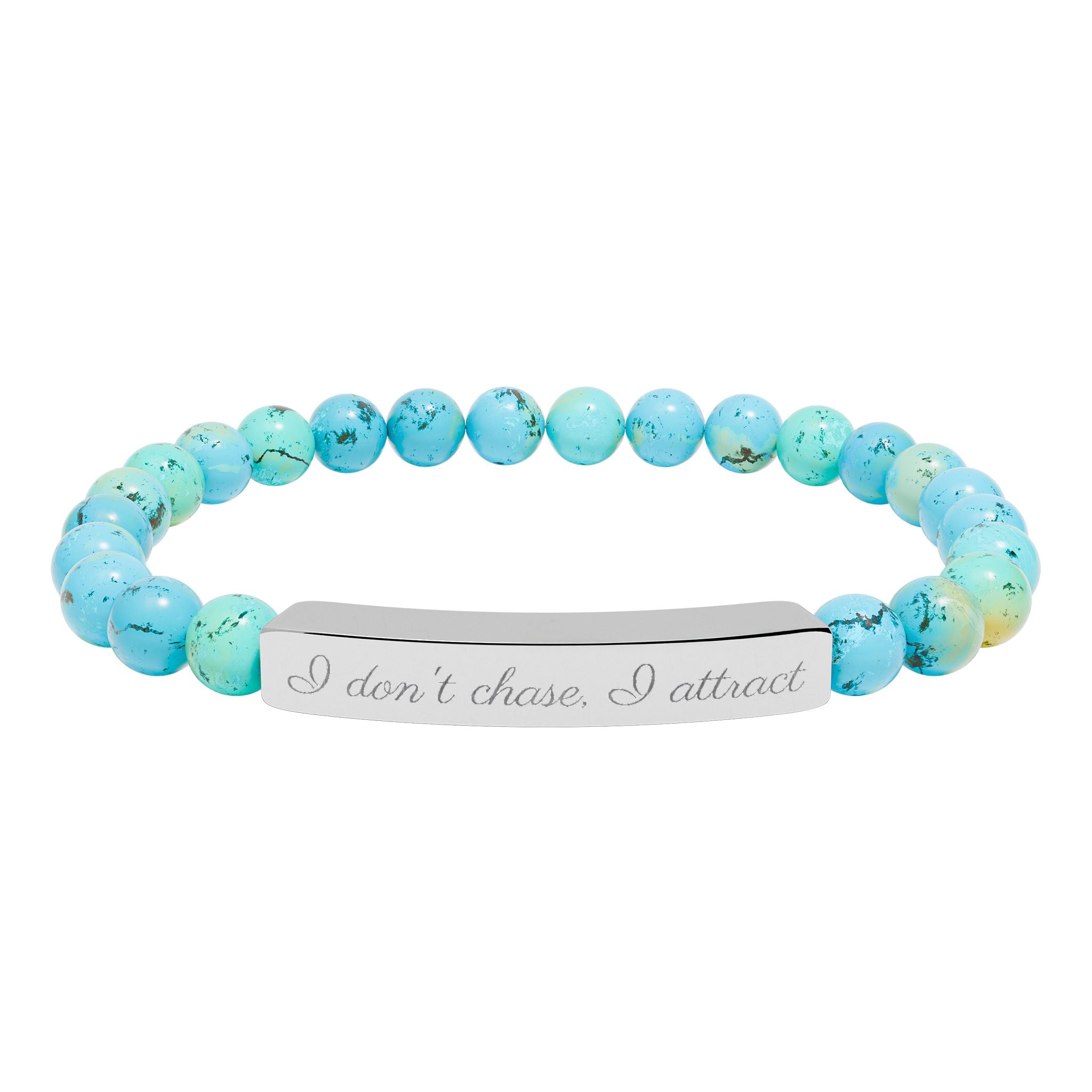 I don't Chase, I Attract  —Engraved Natural Stone Stretch Bar Affirmation Bracelet