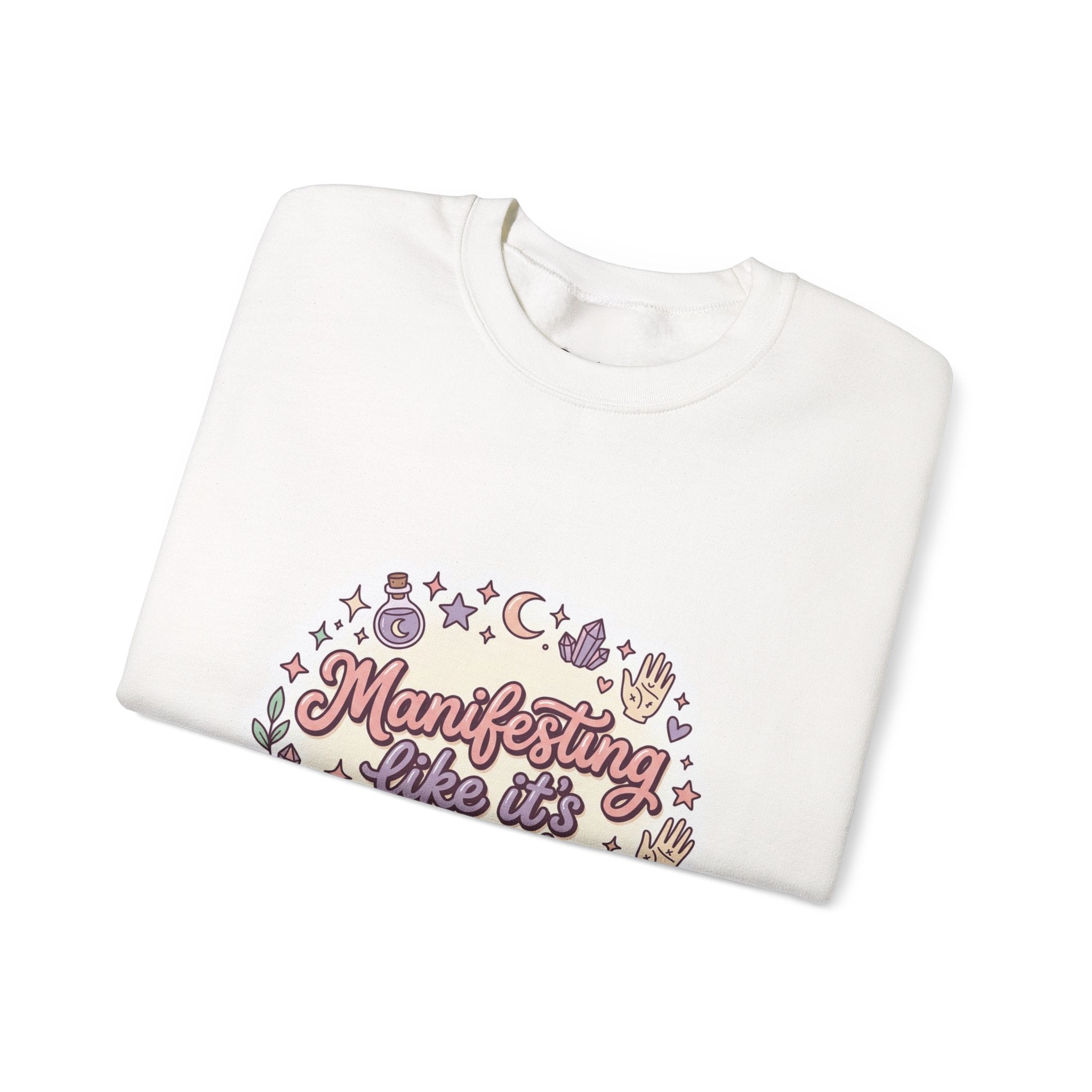 Manifesting Like It's My Job Pullover Sweatshirt — Crystals & Potions Pastel Graphic