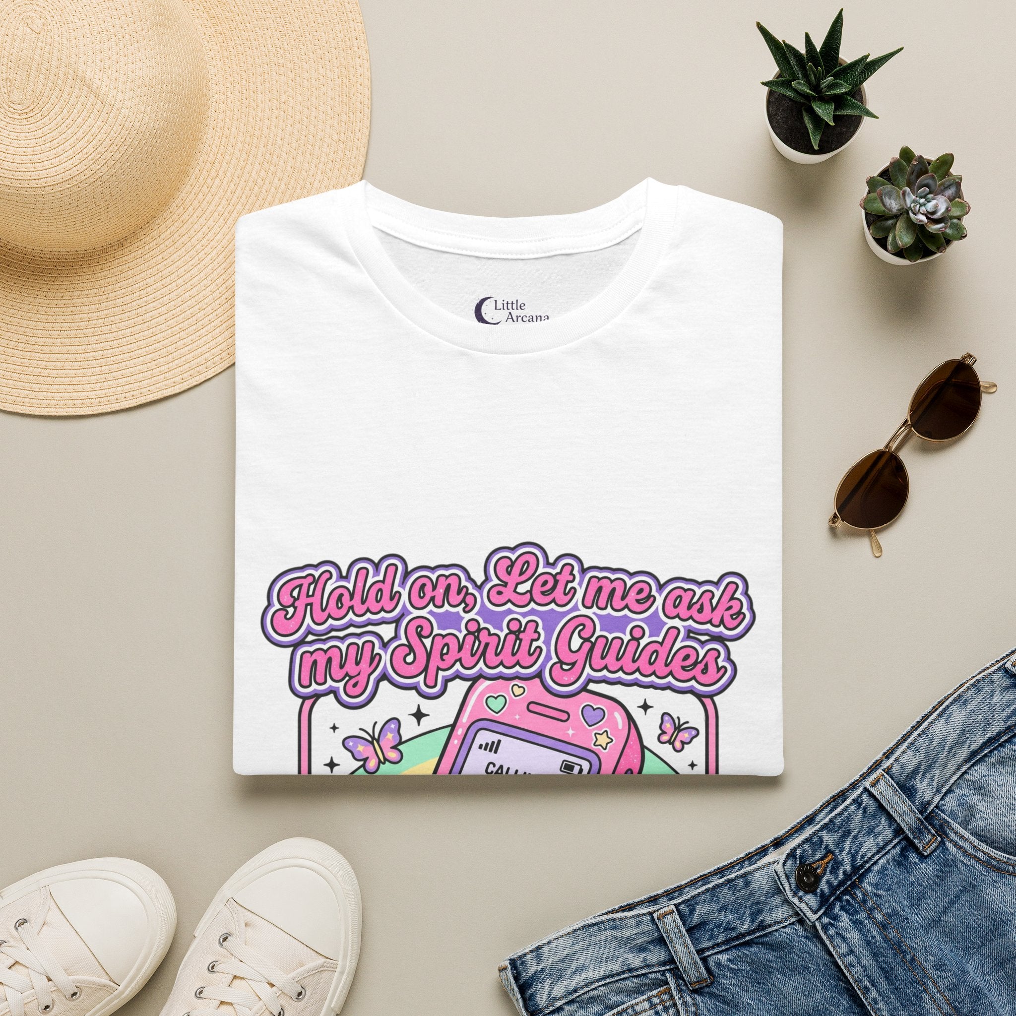 "Hold on, Let me ask my Spirit Guides" Retro Cell Phone Graphic — Unisex T‑Shirt