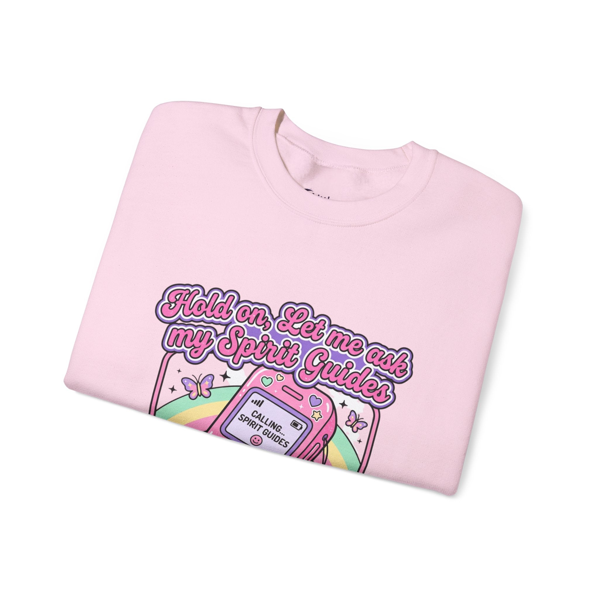 Spirit Guide Cell Phone Crewneck Sweatshirt — Cute Pink Retro Phone & Rainbow Graphic