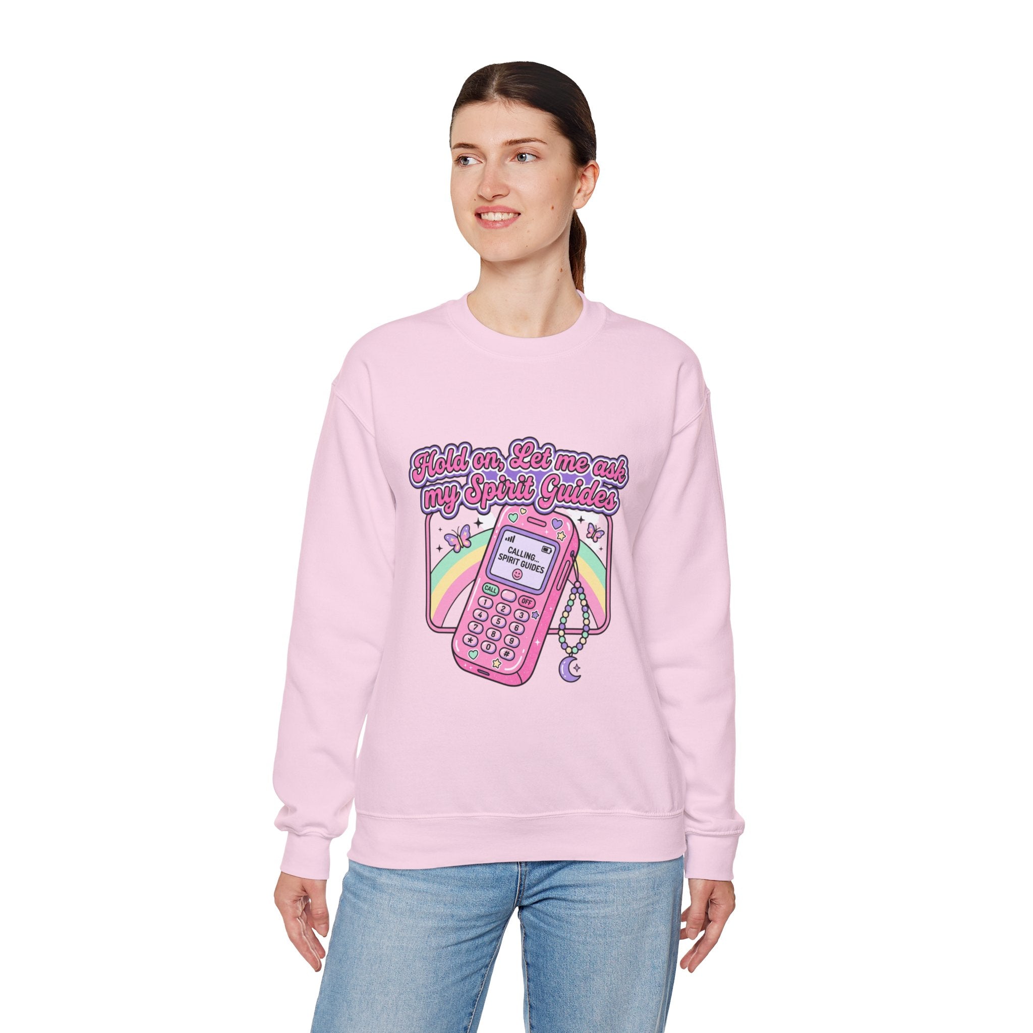 Spirit Guide Cell Phone Crewneck Sweatshirt — Cute Pink Retro Phone & Rainbow Graphic