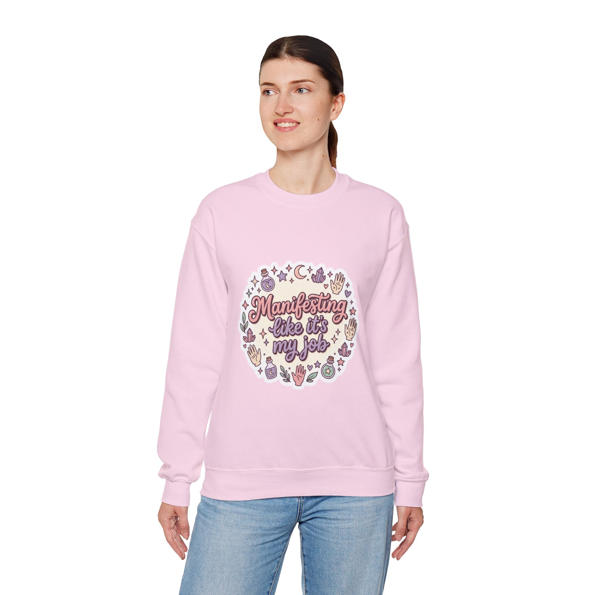 Manifesting Like It's My Job Pullover Sweatshirt — Crystals & Potions Pastel Graphic