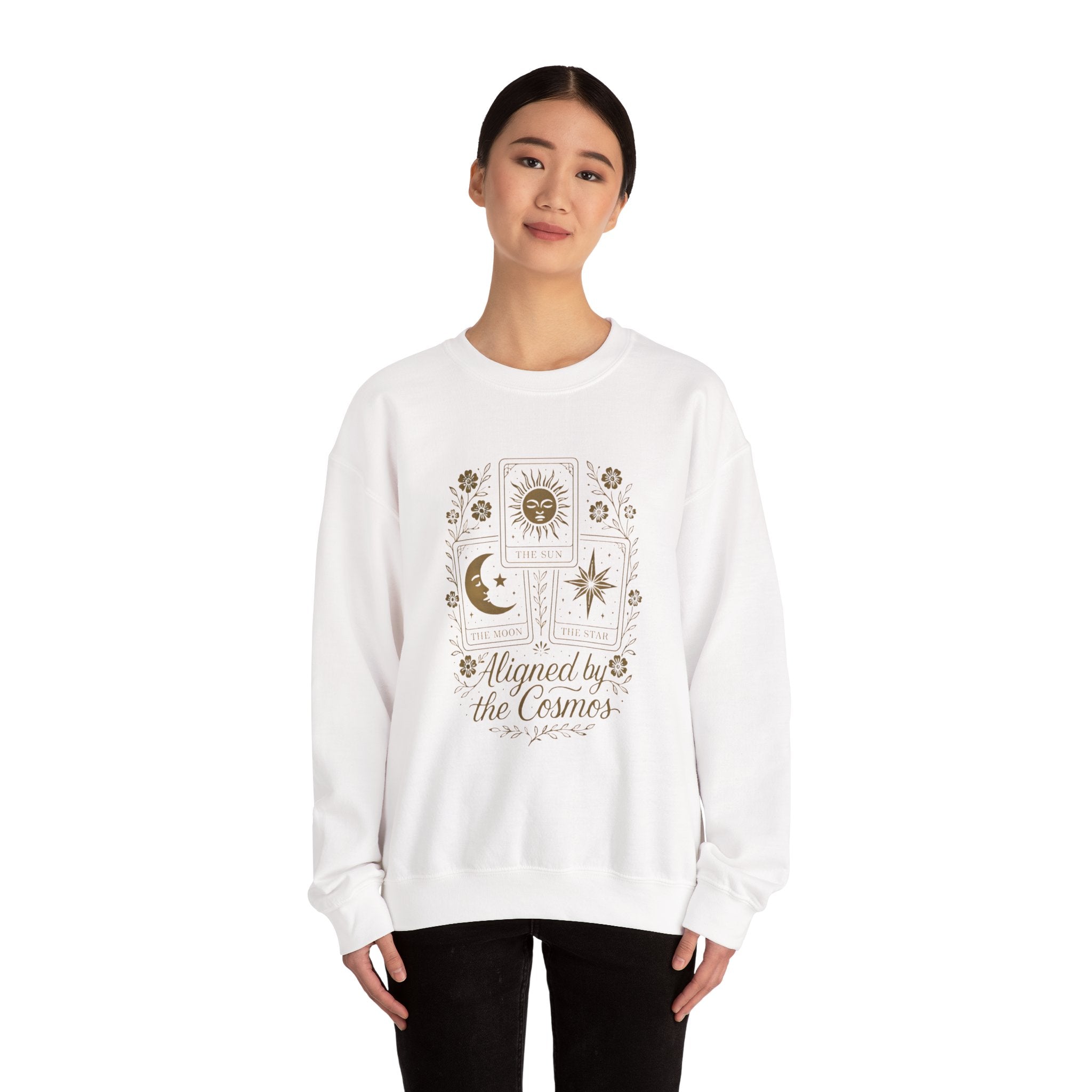 Aligned by the Cosmos Crewneck Sweatshirt — Celestial Moon & Sun Graphic