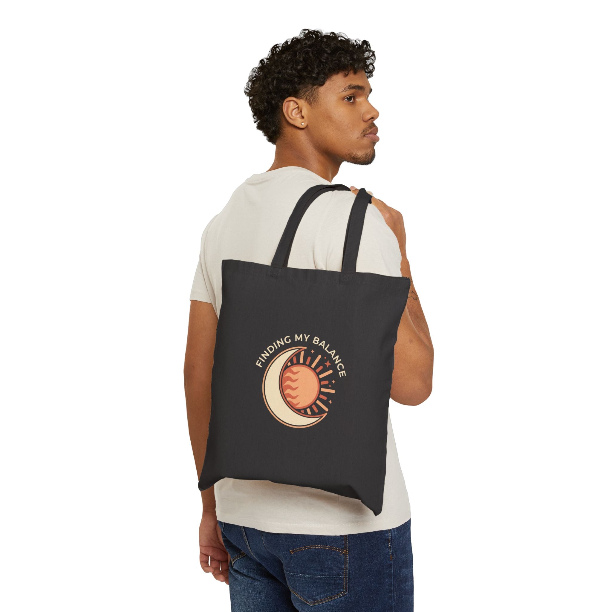 "Finding My Balance" Sun & Moon Graphic — Cotton Canvas Tote Bag