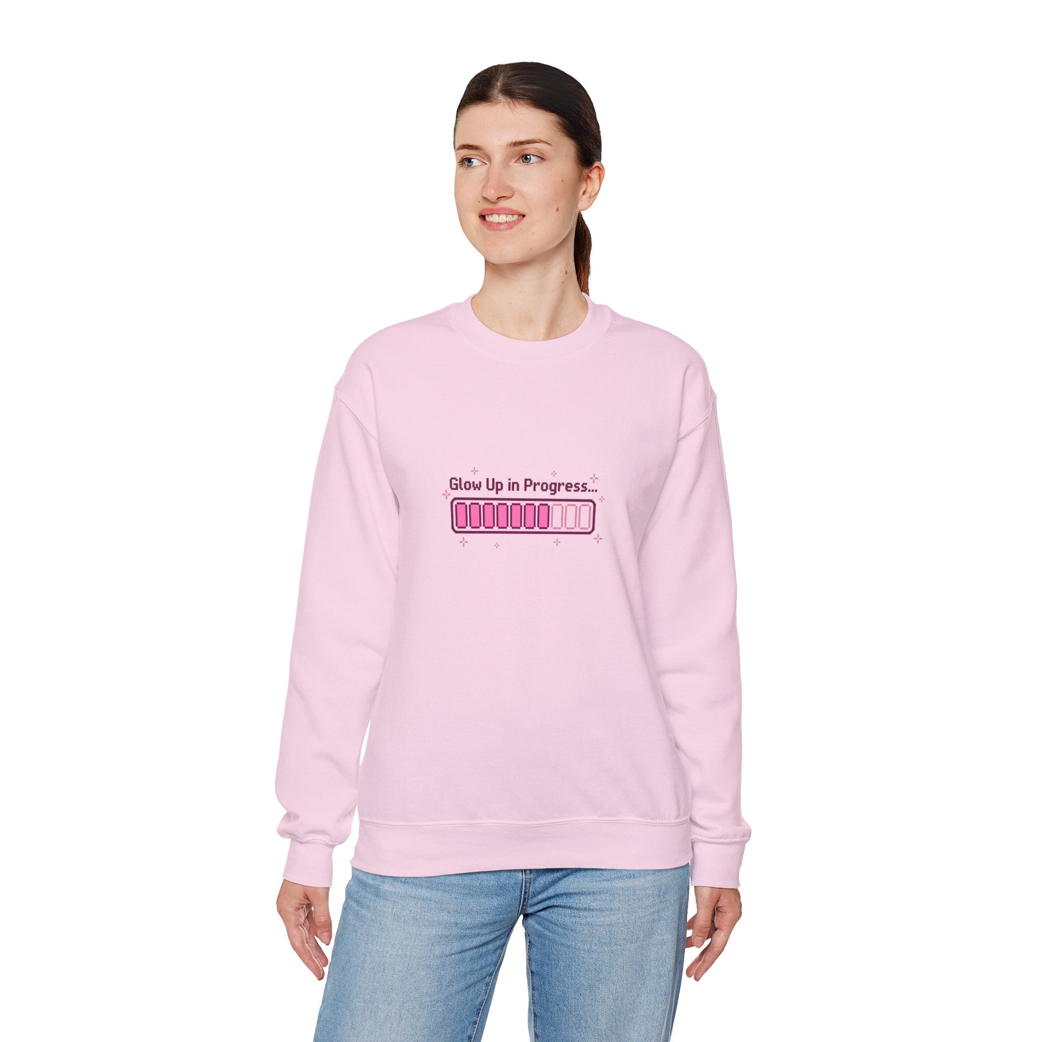 "Glow Up in Progress" Pink Loading Bar Graphic — Crewneck Sweatshirt