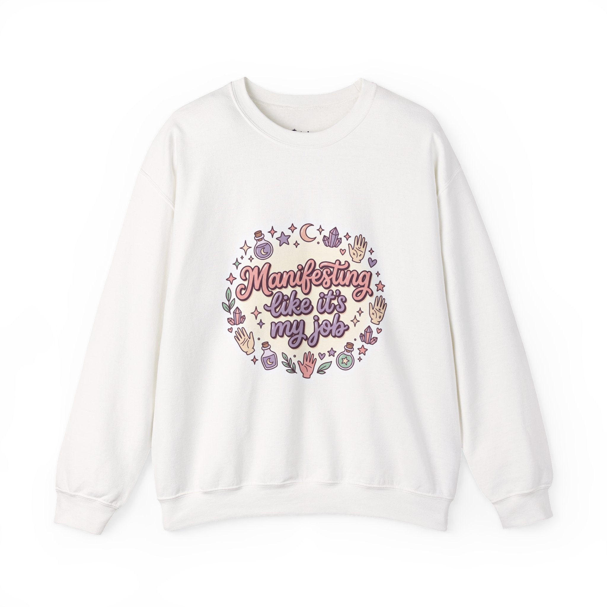 Manifesting Like It's My Job Pullover Sweatshirt — Crystals & Potions Pastel Graphic