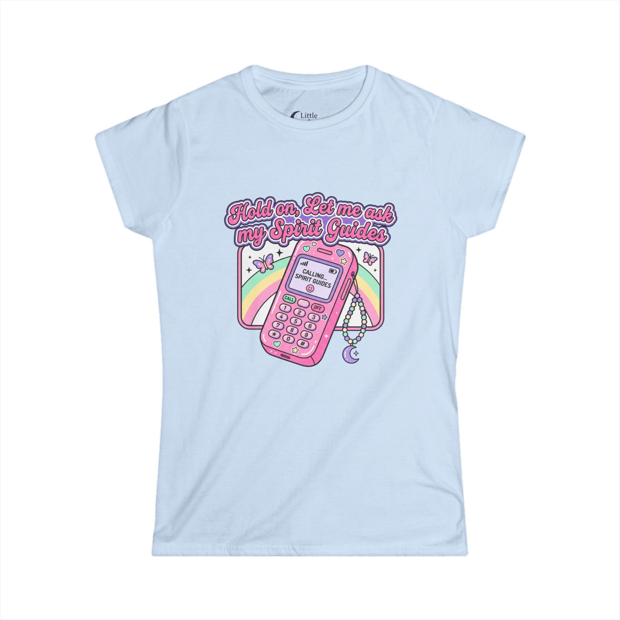 "Hold on, Let me ask my Spirit Guides" Retro Cell Phone Graphic — Women's Soft Style T-Shirt