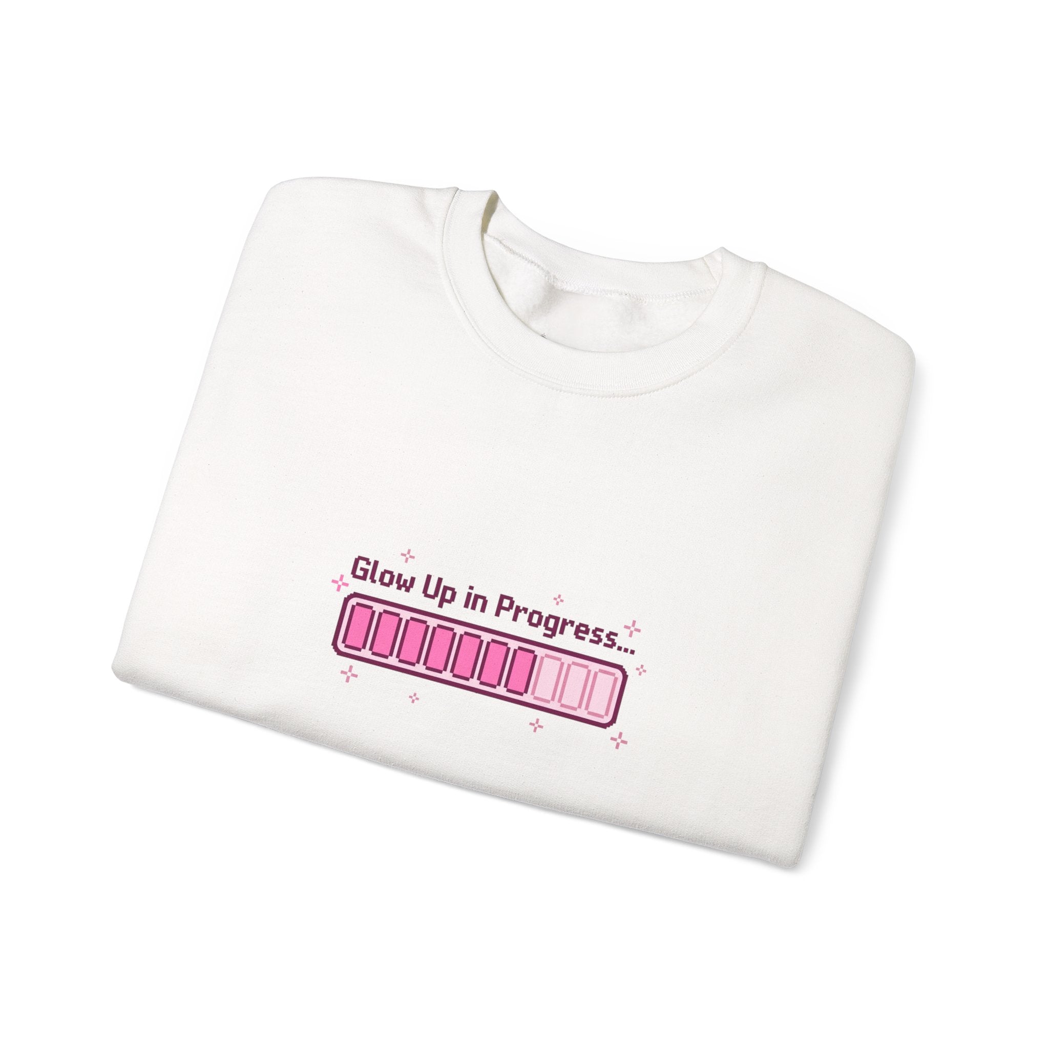 "Glow Up in Progress" Pink Loading Bar Graphic — Crewneck Sweatshirt