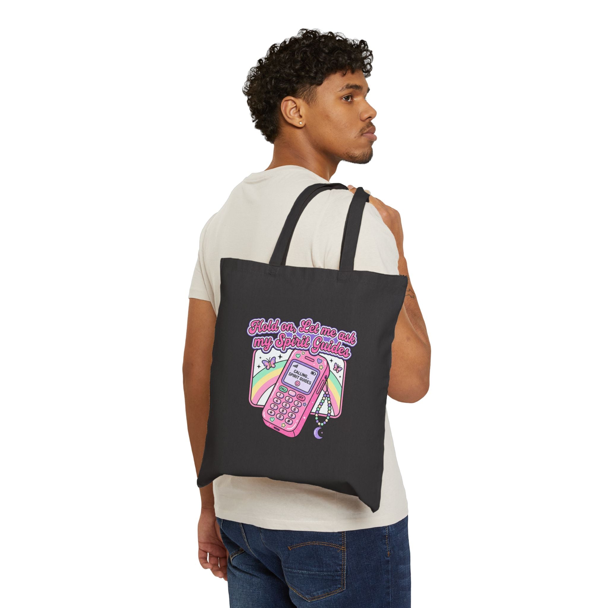 "Hold on, Let me call my Spirit Guides" Retro Cell Phone Graphic — Cotton Canvas Tote Bag