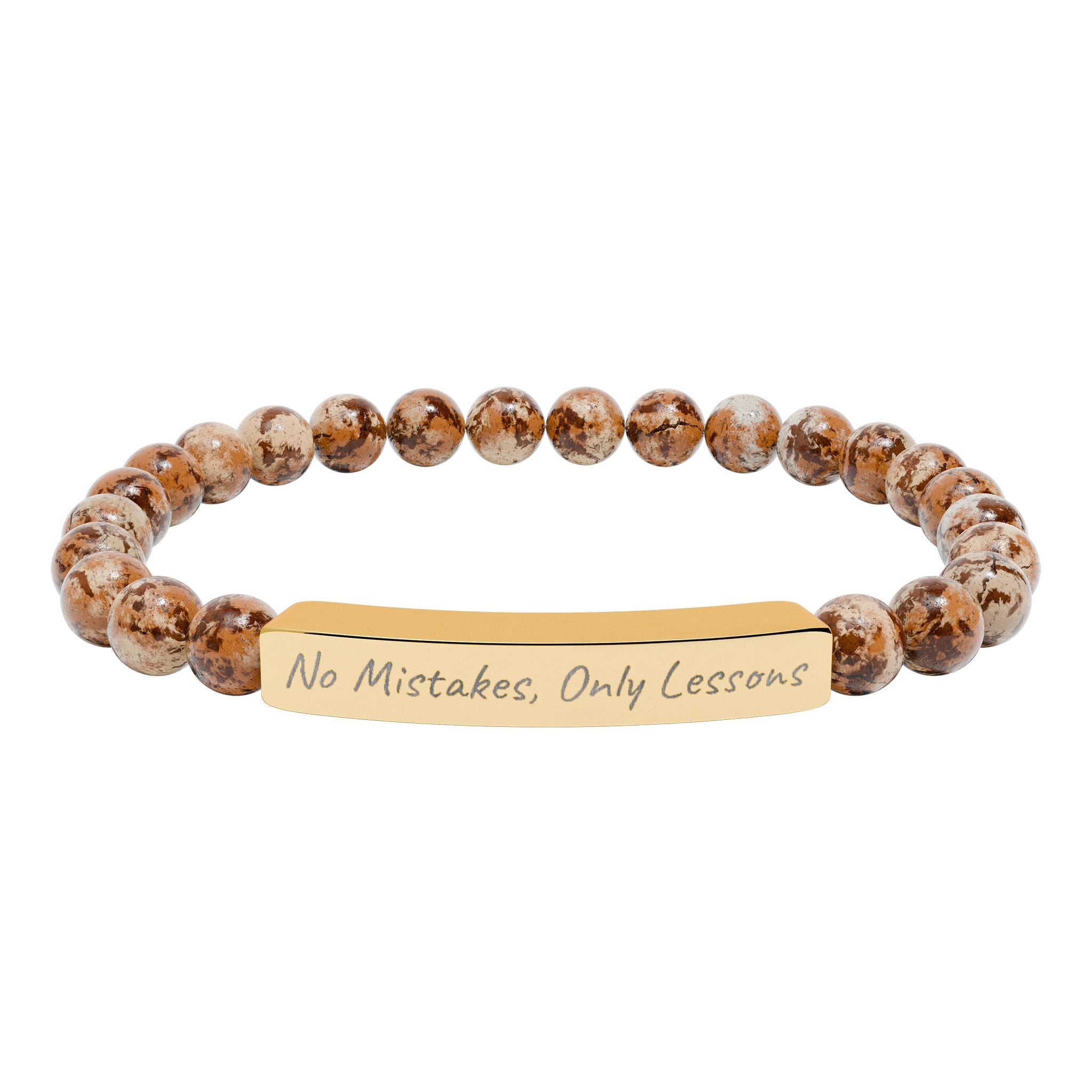 No Mistakes, Only Lessons —Engraved Natural Stone Stretch Bar Affirmation Bracelet