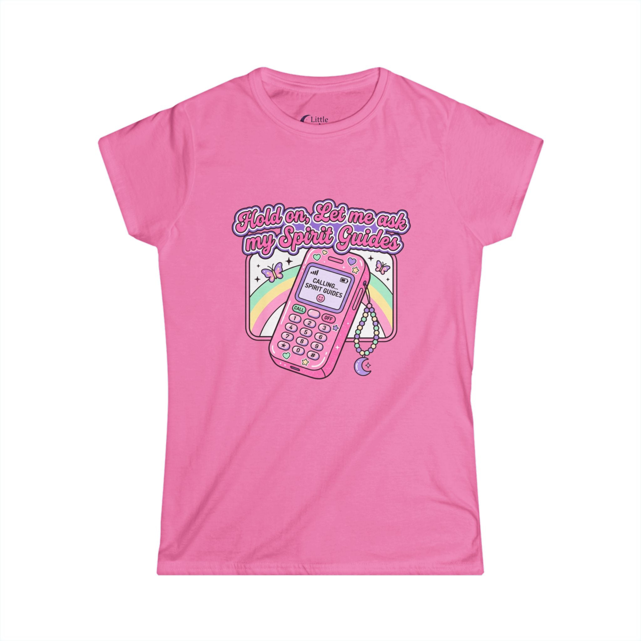 "Hold on, Let me ask my Spirit Guides" Retro Cell Phone Graphic — Women's Soft Style T-Shirt