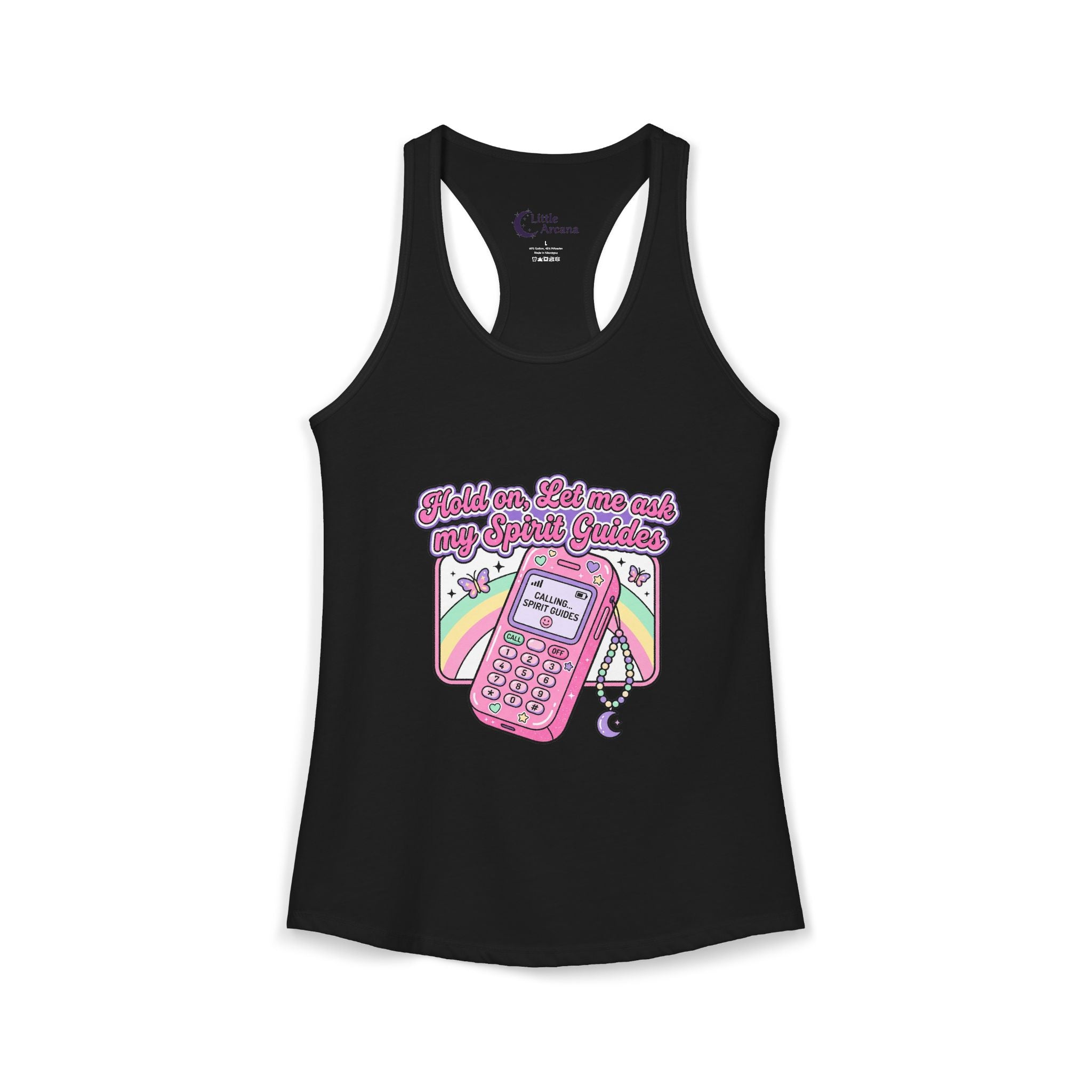 "Hold on, Let me ask my Spirit Guides" Retro Cell Phone Graphic — Women's Racerback Tank