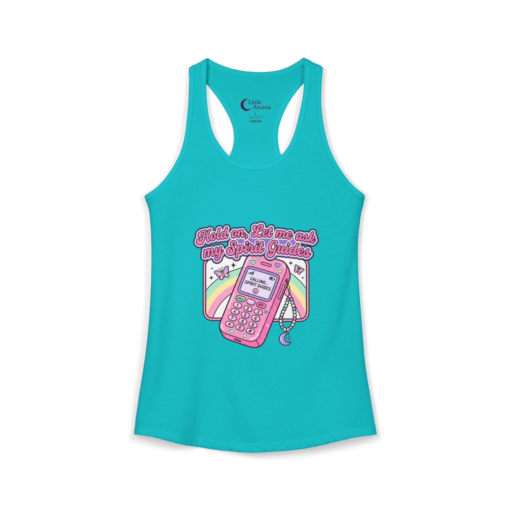 "Hold on, Let me ask my Spirit Guides" Retro Cell Phone Graphic — Women's Racerback Tank