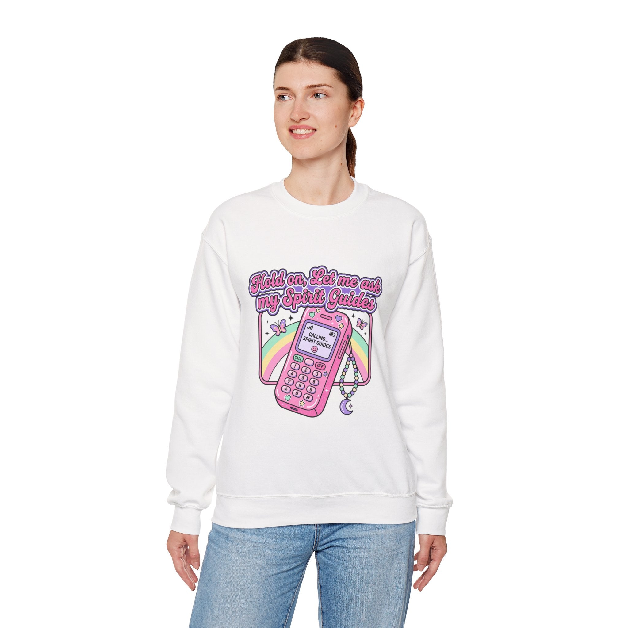 Spirit Guide Cell Phone Crewneck Sweatshirt — Cute Pink Retro Phone & Rainbow Graphic