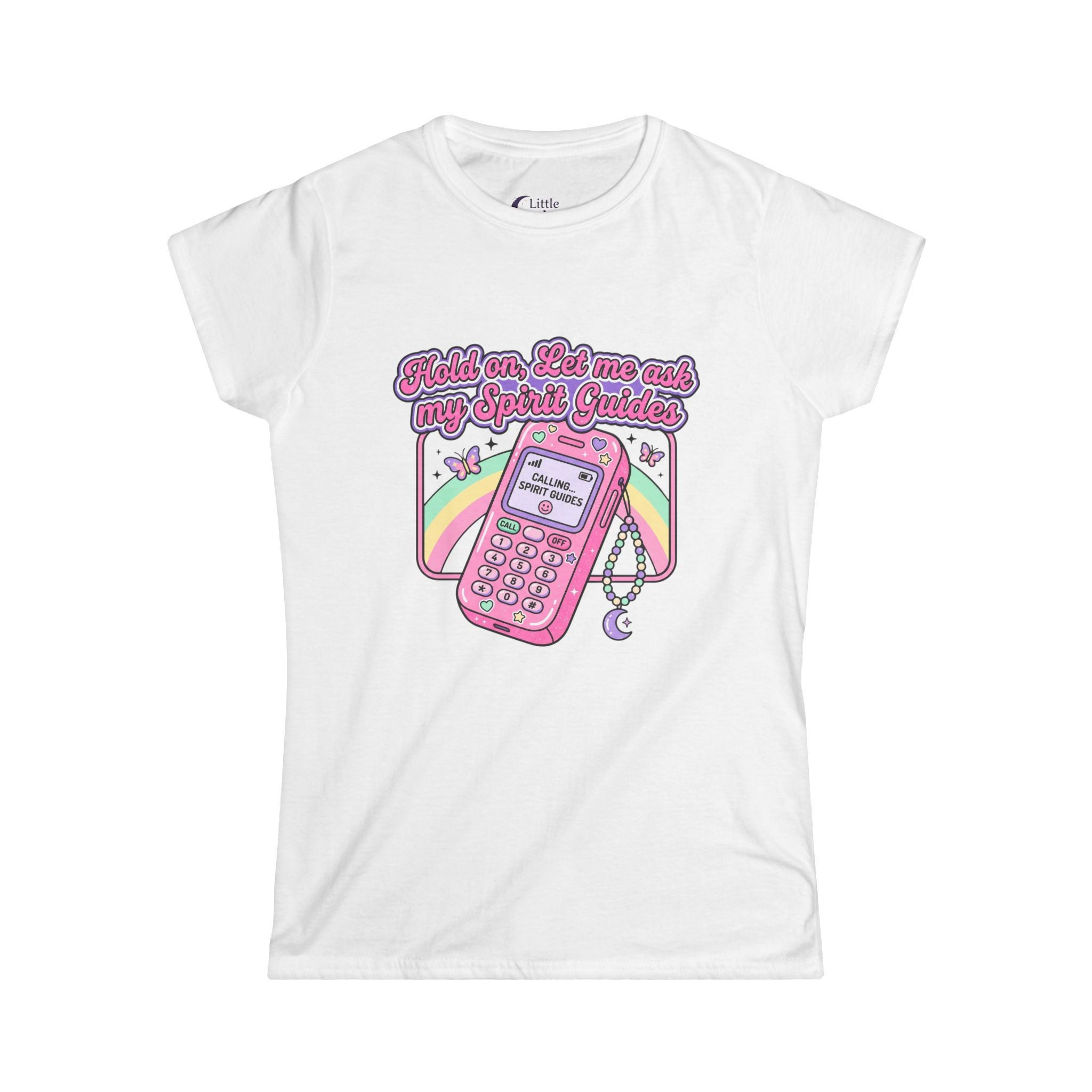 'Hold on, Let me ask my Spirit Guides' Cute Retro Phone Graphic Women's Tee