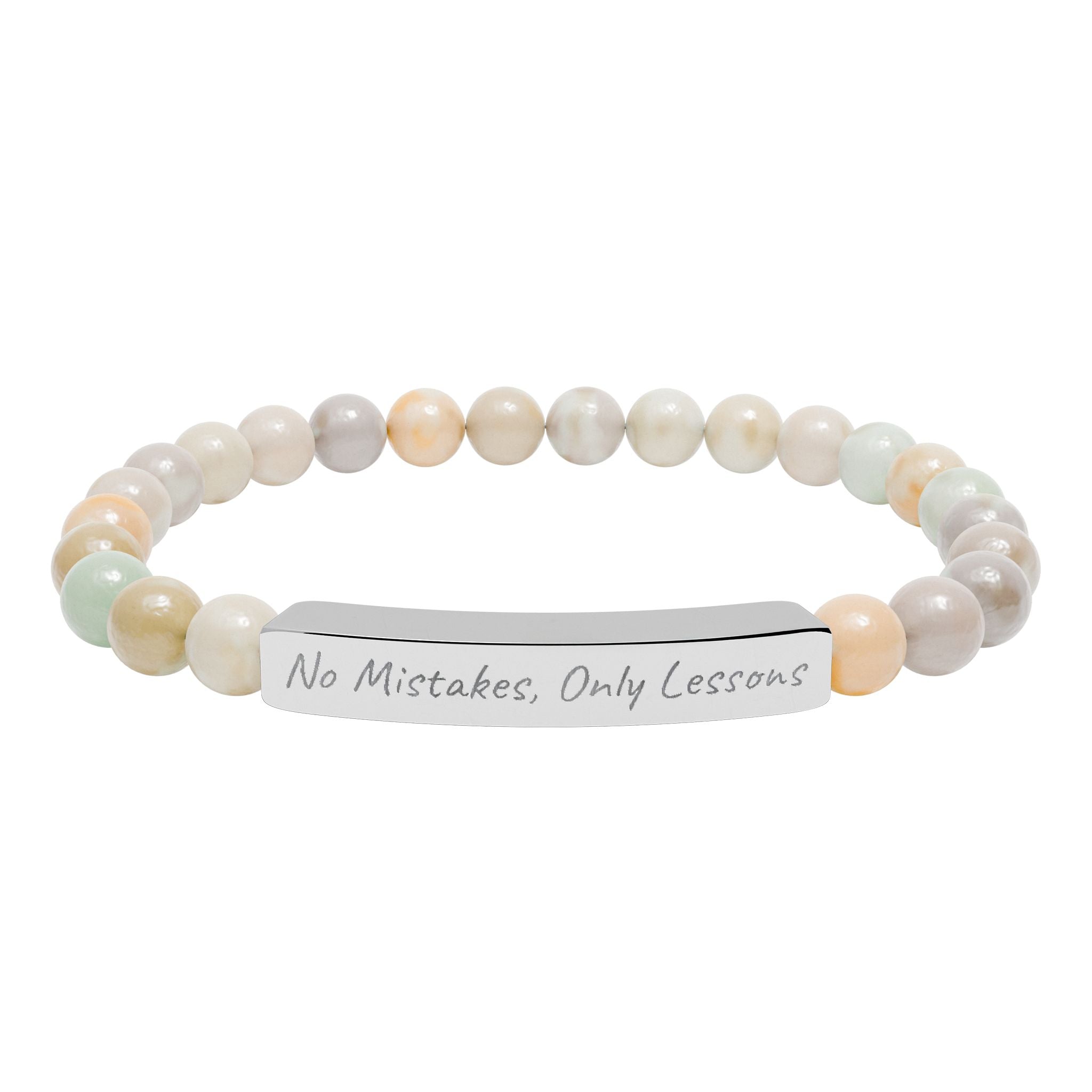 No Mistakes, Only Lessons —Engraved Natural Stone Stretch Bar Affirmation Bracelet