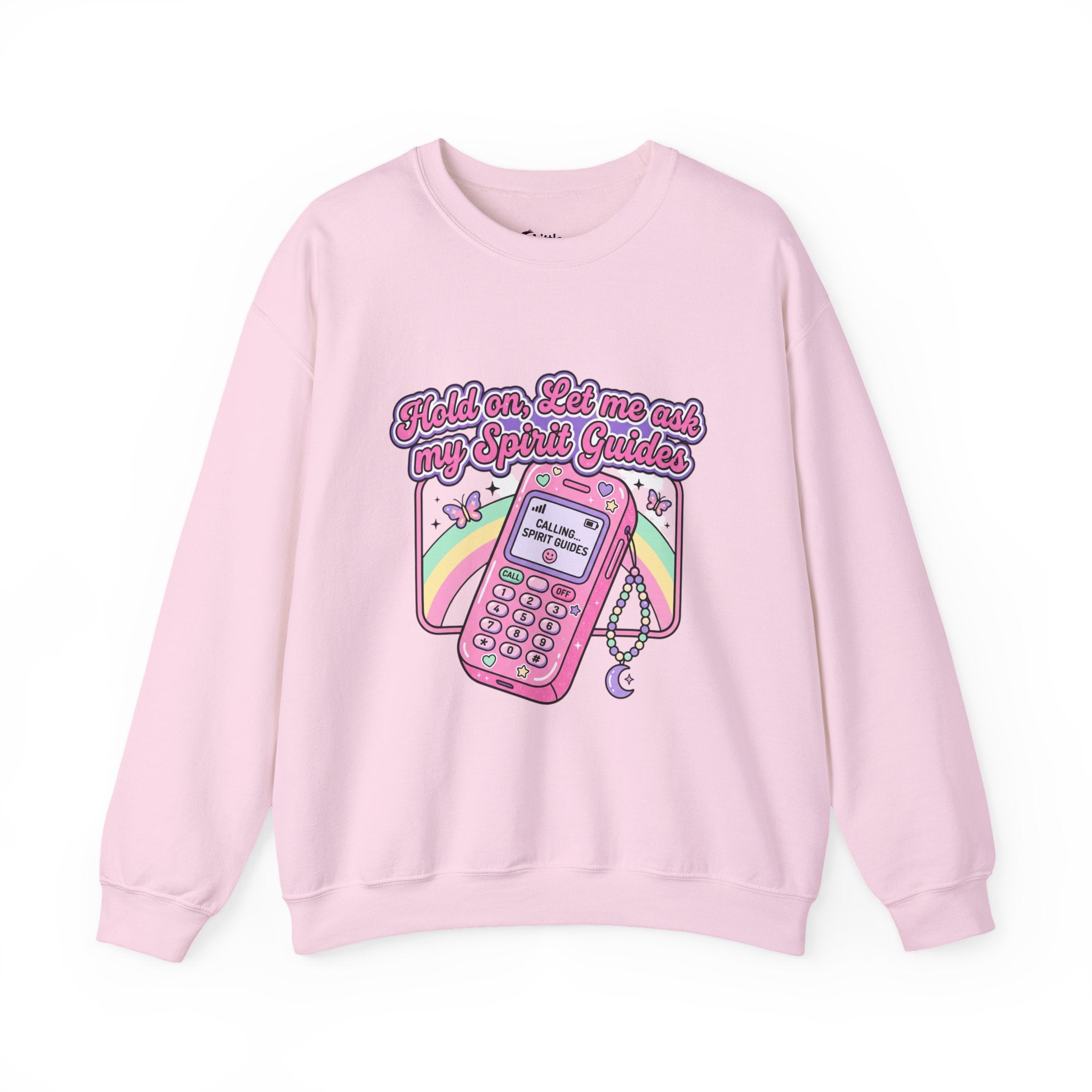 Spirit Guide Cell Phone Crewneck Sweatshirt — Cute Pink Retro Phone & Rainbow Graphic
