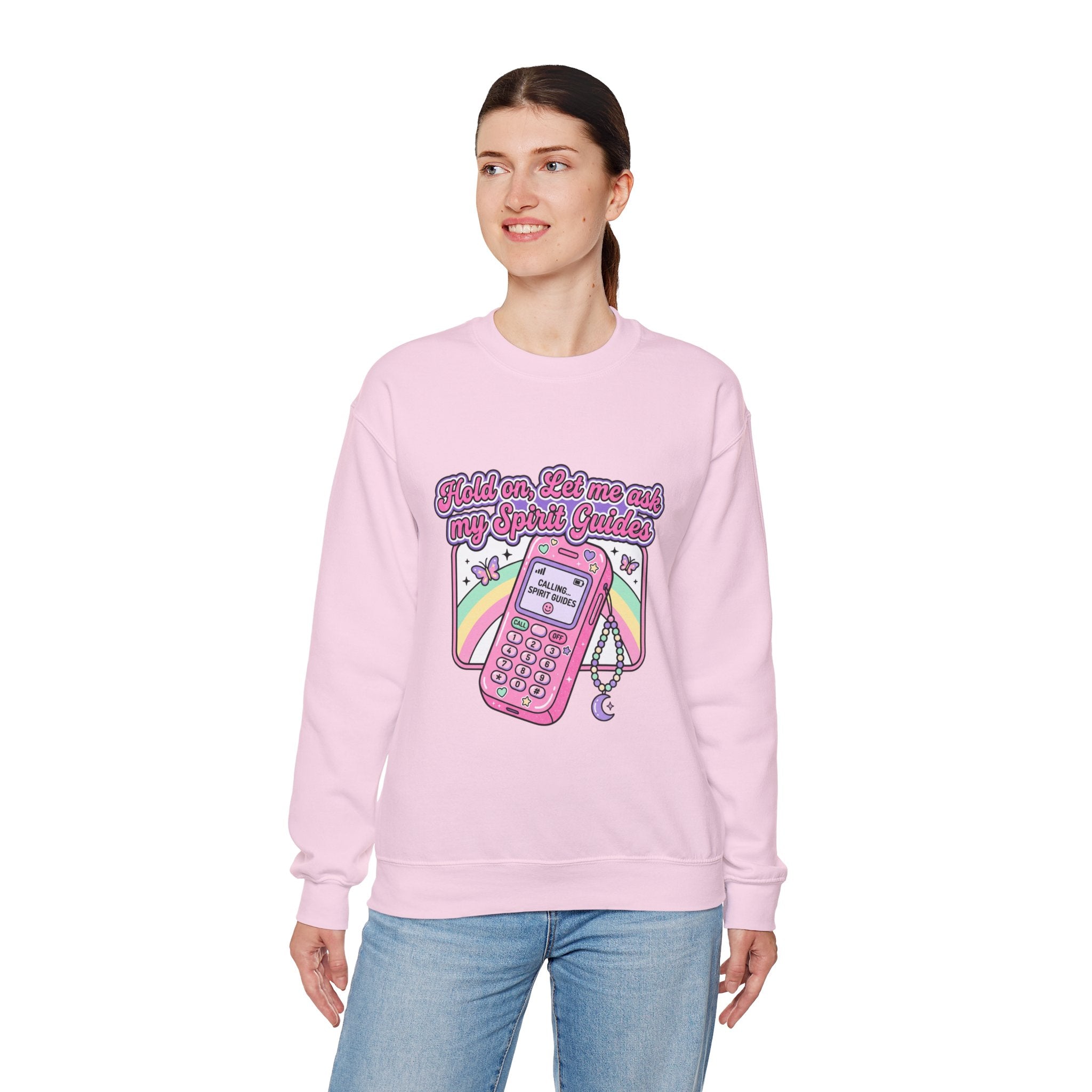 "Hold on, Let me ask my Spirit Guides" Retro Cell Phone Graphic —Crewneck Sweatshirt