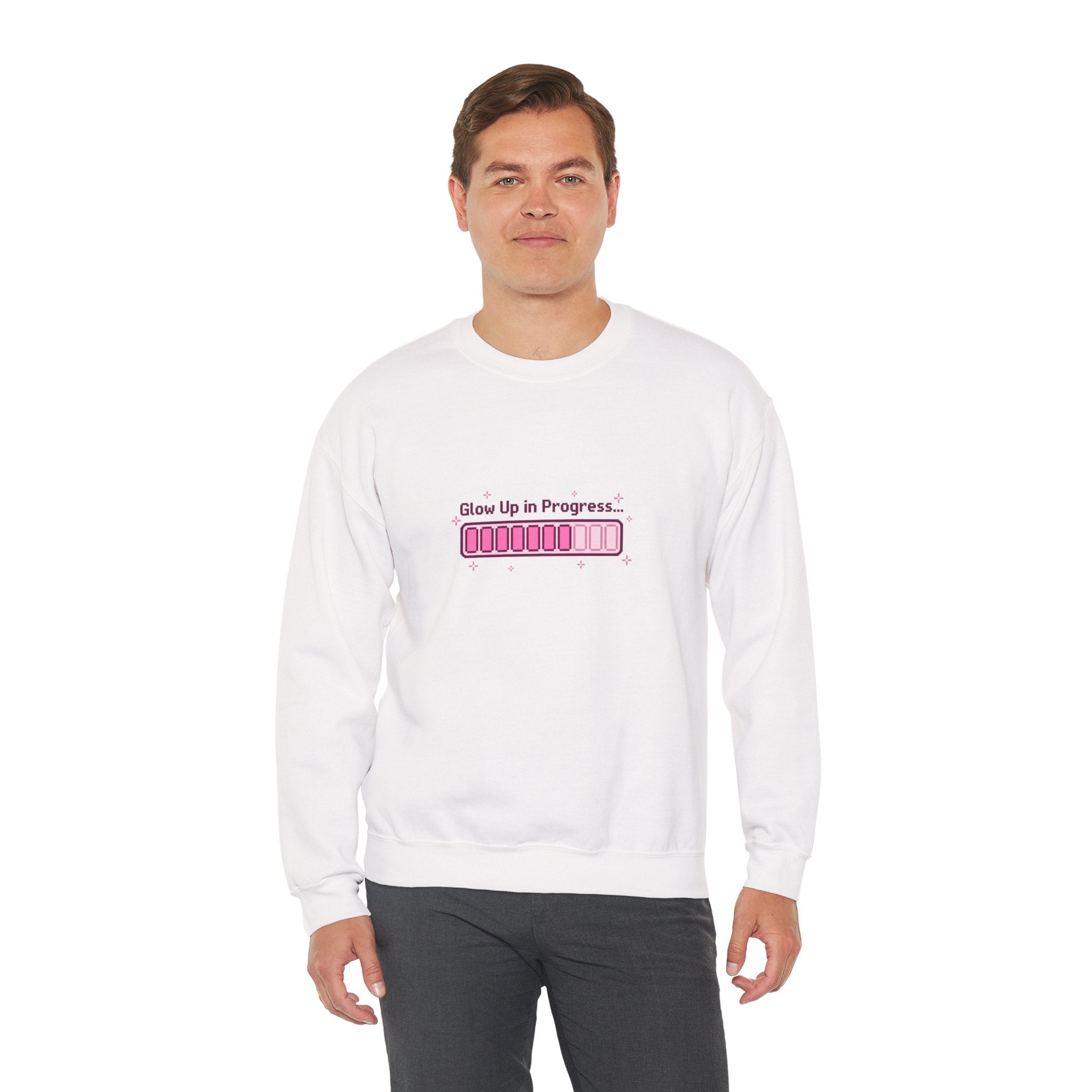 "Glow Up in Progress" Pink Loading Bar Graphic — Crewneck Sweatshirt