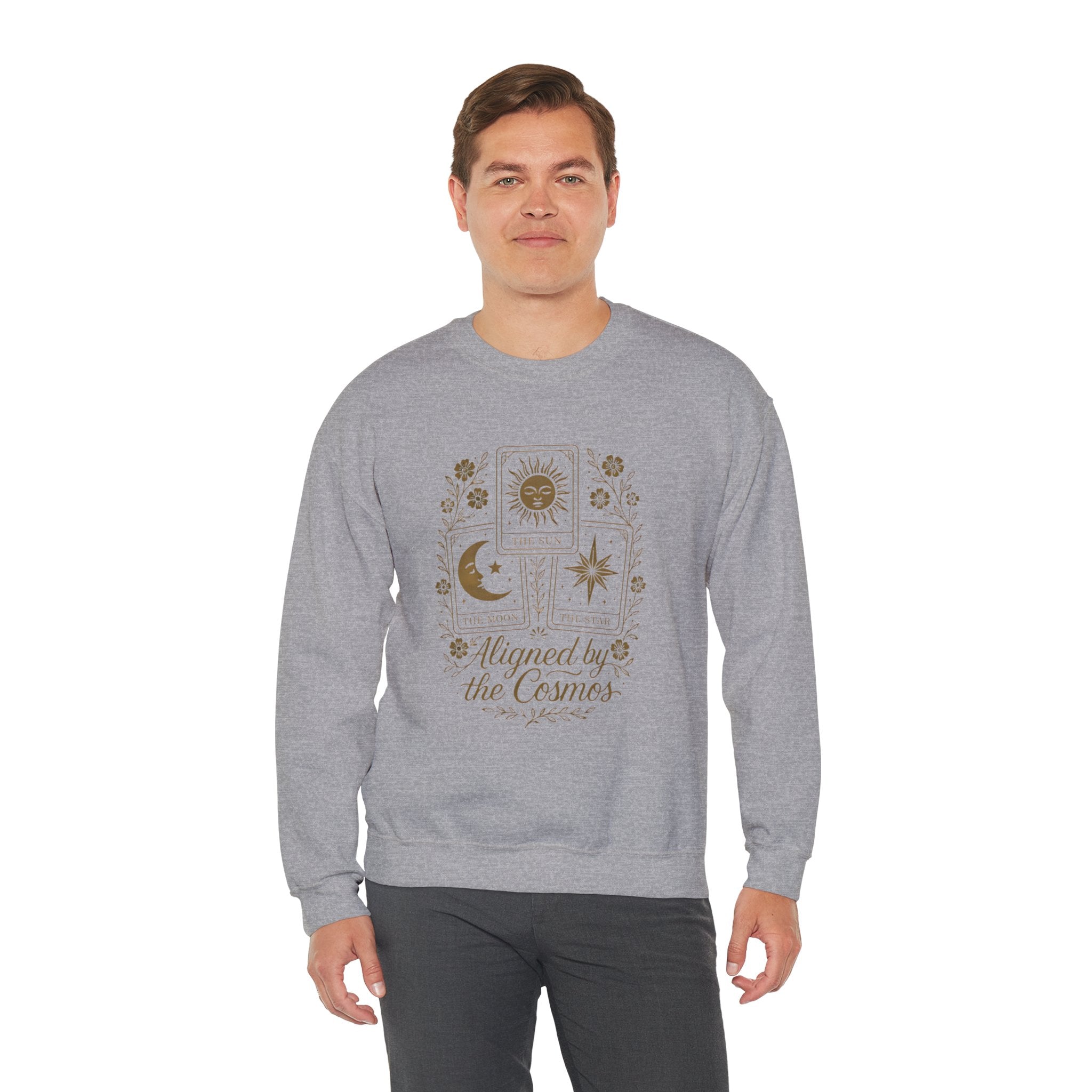 Aligned by the Cosmos Crewneck Sweatshirt — Celestial Moon & Sun Graphic