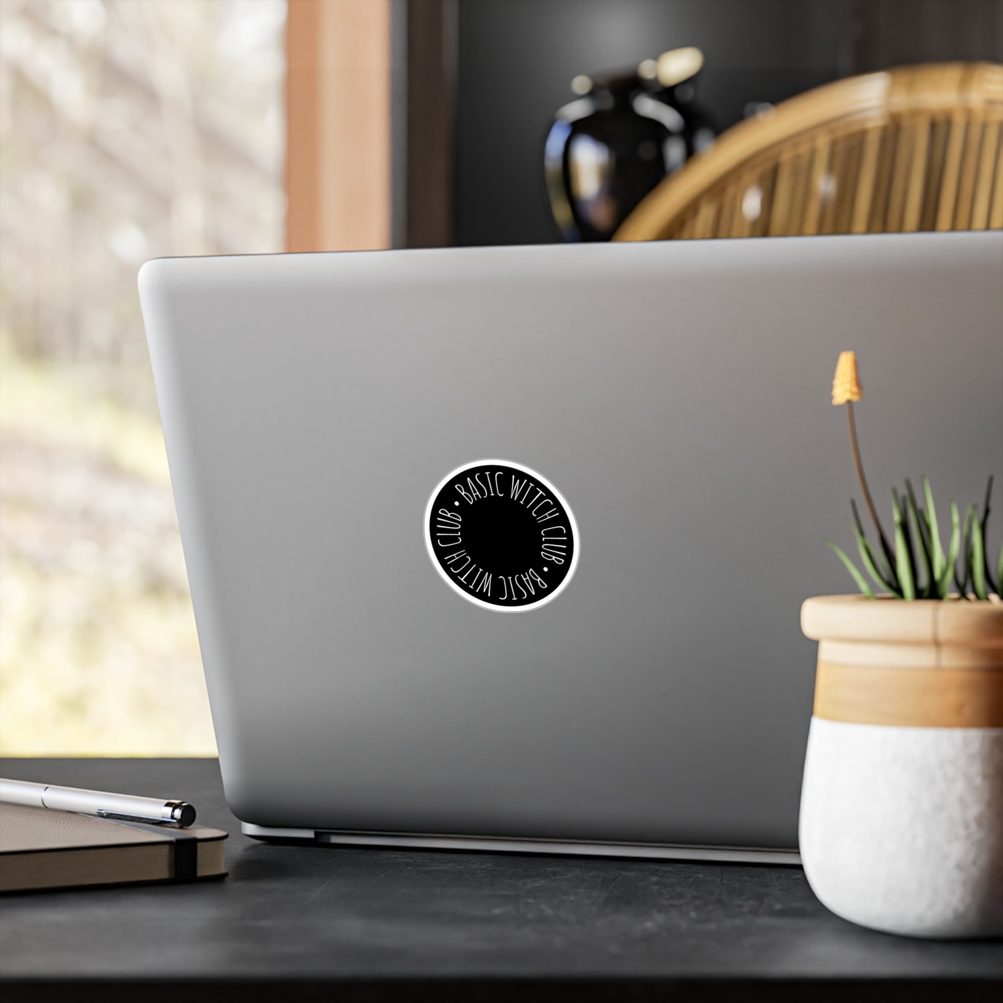 "BASIC WITCH CLUB"  Kiss-Cut Vinyl Decal — Black Circular Emblem