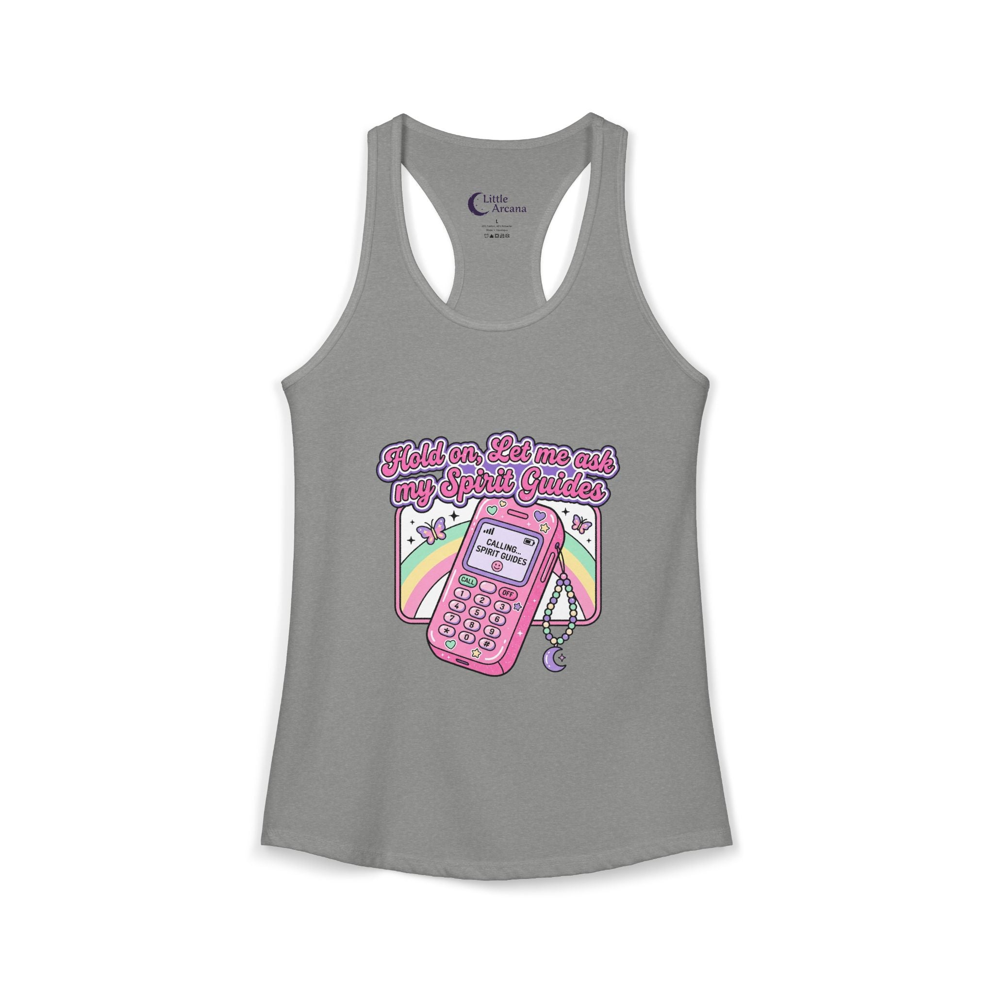 "Hold on, Let me ask my Spirit Guides" Retro Cell Phone Graphic — Women's Racerback Tank