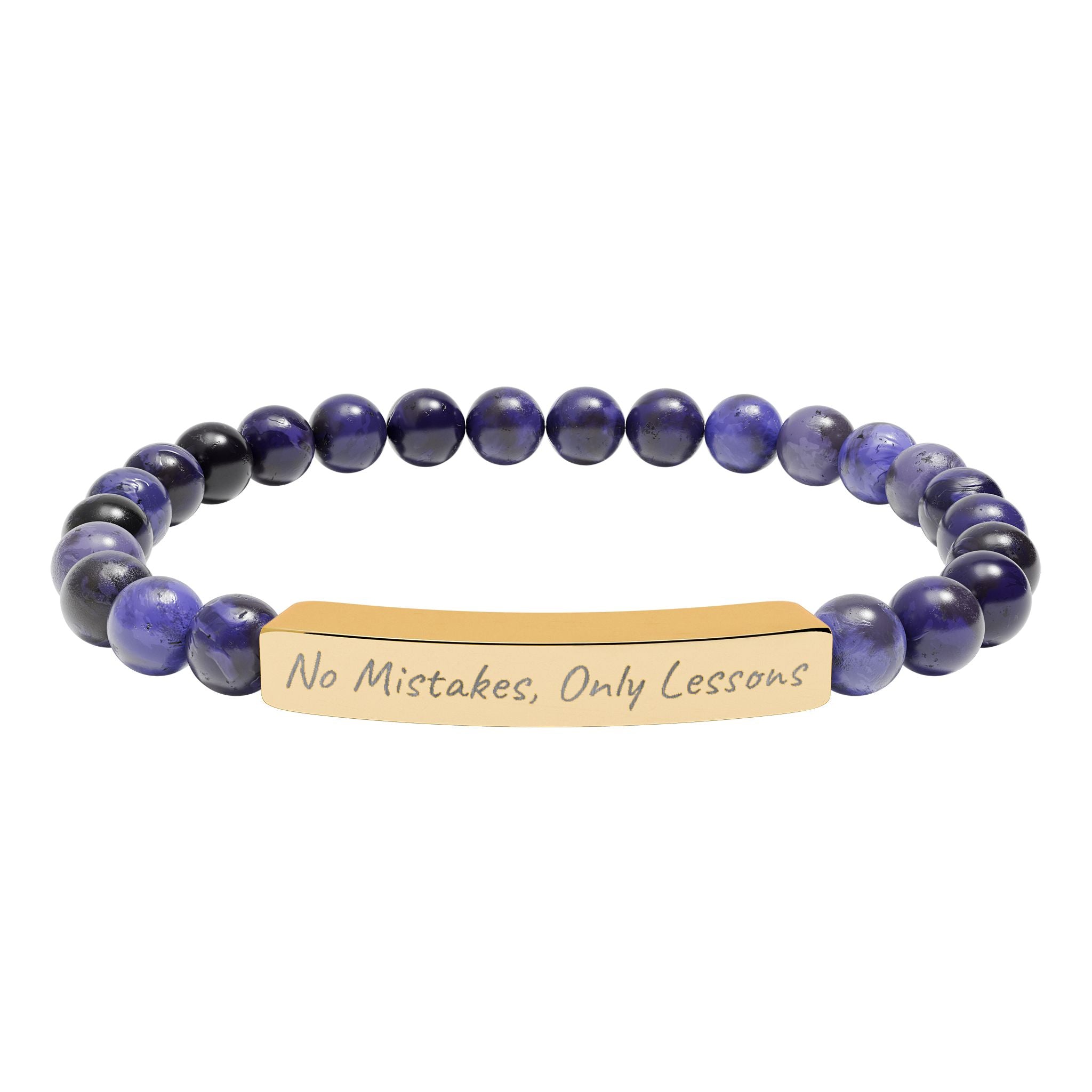 No Mistakes, Only Lessons —Engraved Natural Stone Stretch Bar Affirmation Bracelet