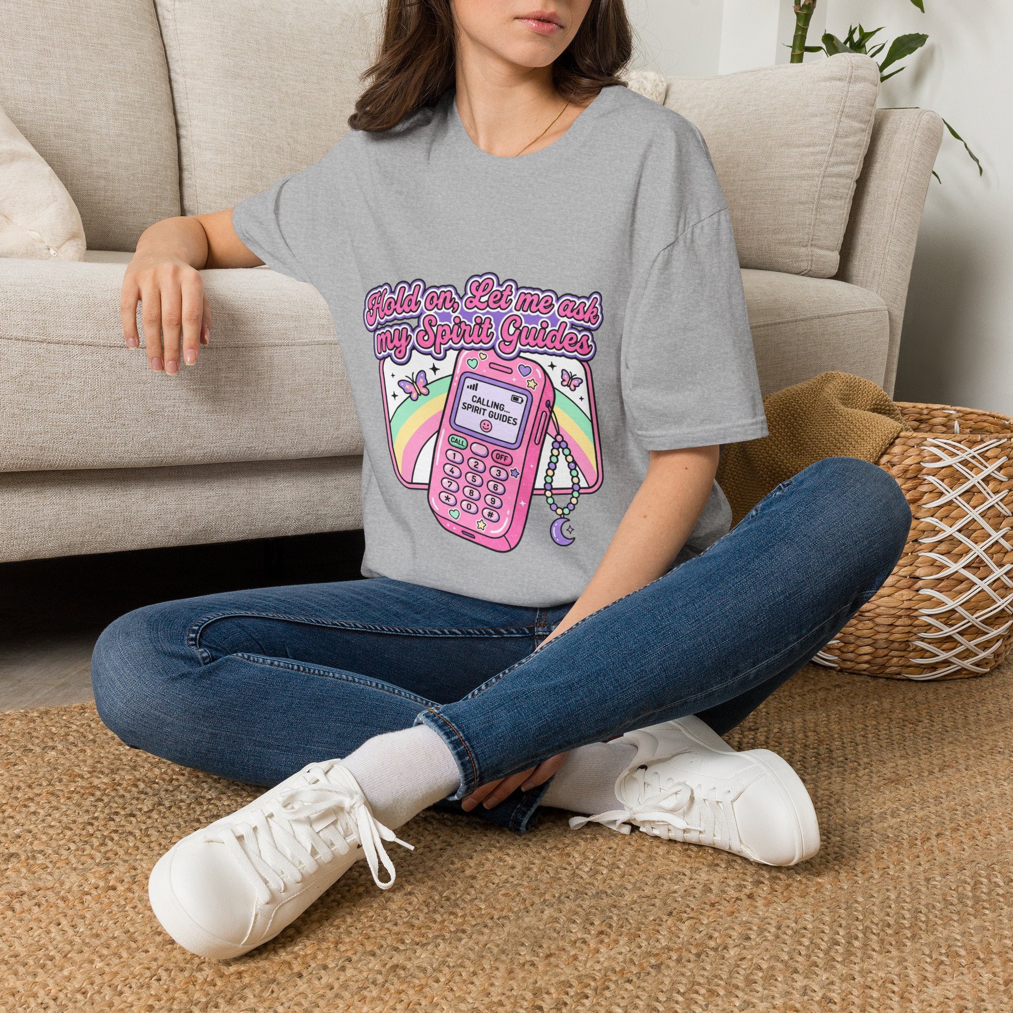 "Hold on, Let me ask my Spirit Guides" Retro Cell Phone Graphic — Unisex T‑Shirt