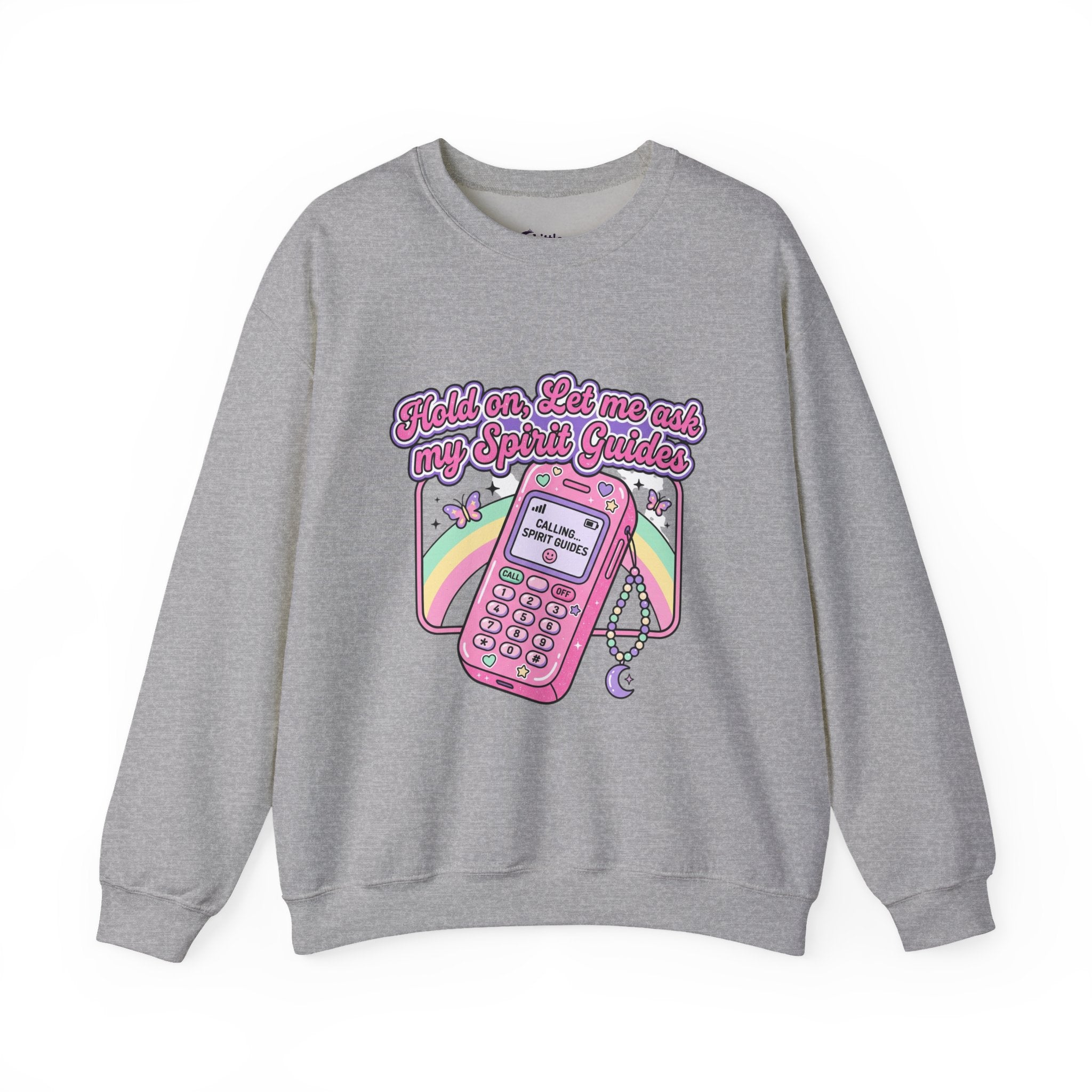 Spirit Guide Cell Phone Crewneck Sweatshirt — Cute Pink Retro Phone & Rainbow Graphic