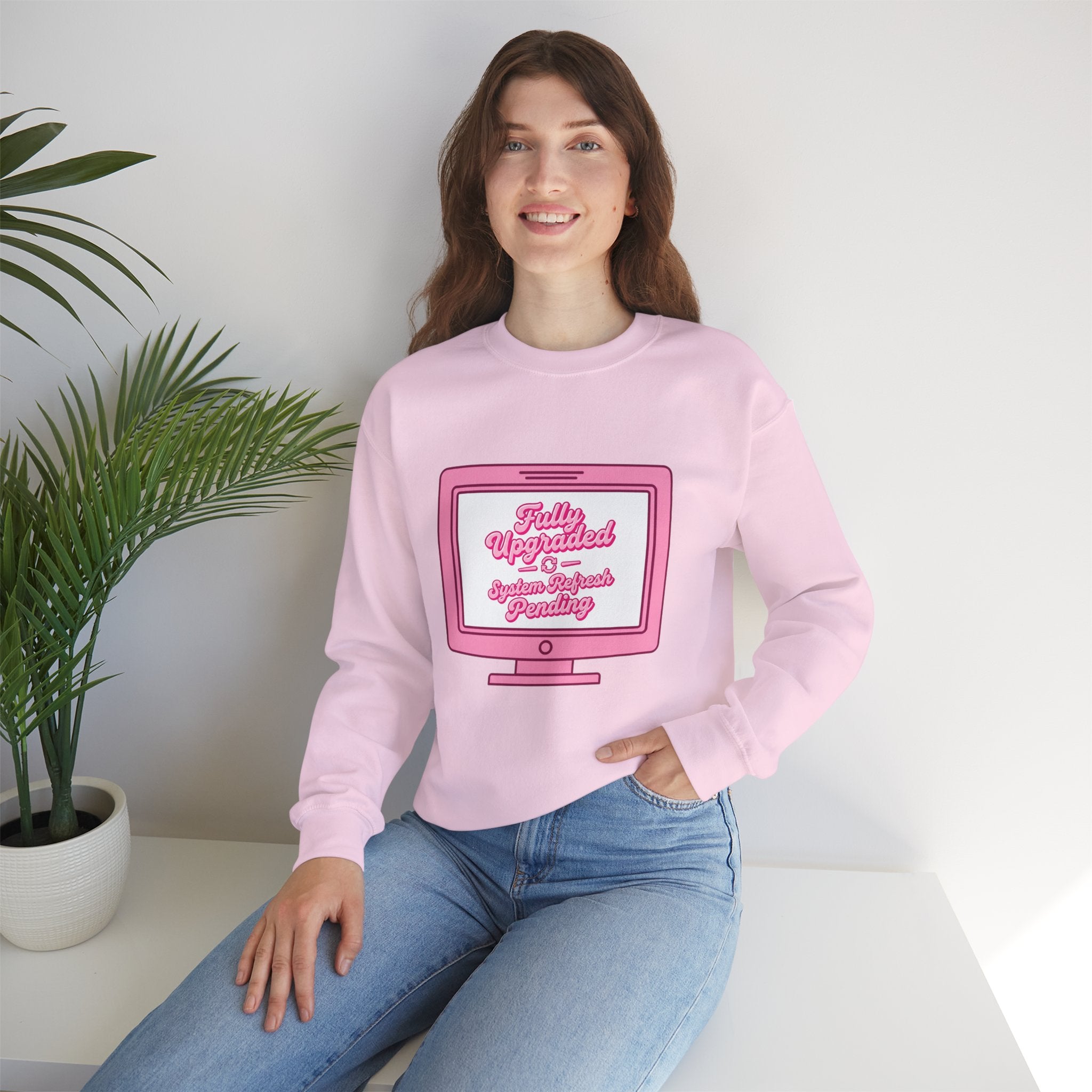 Crewneck Sweatshirt — "Fully Updated" Retro Pink Computer Graphic