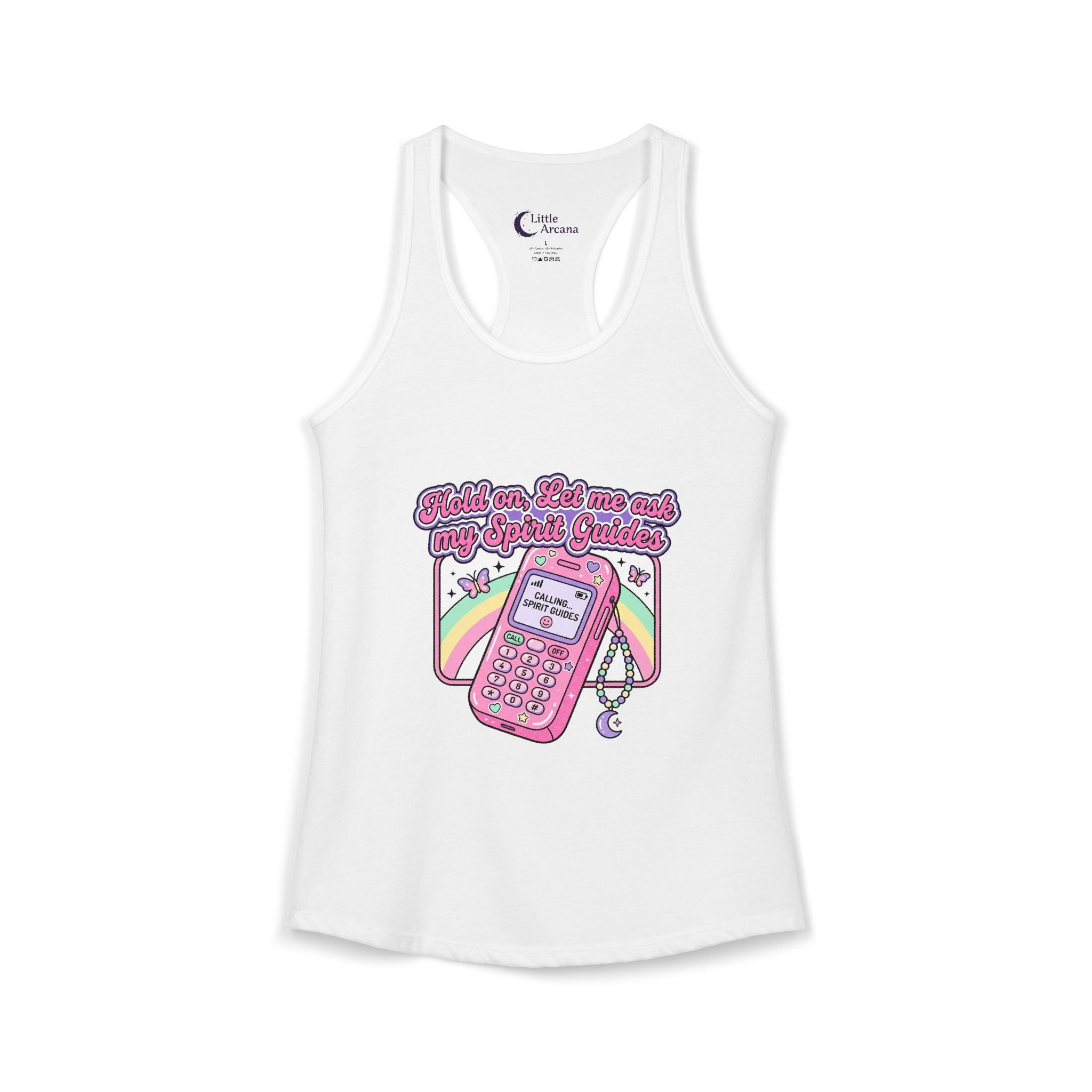 "Hold on, Let me ask my Spirit Guides" Retro Cell Phone Graphic — Women's Racerback Tank